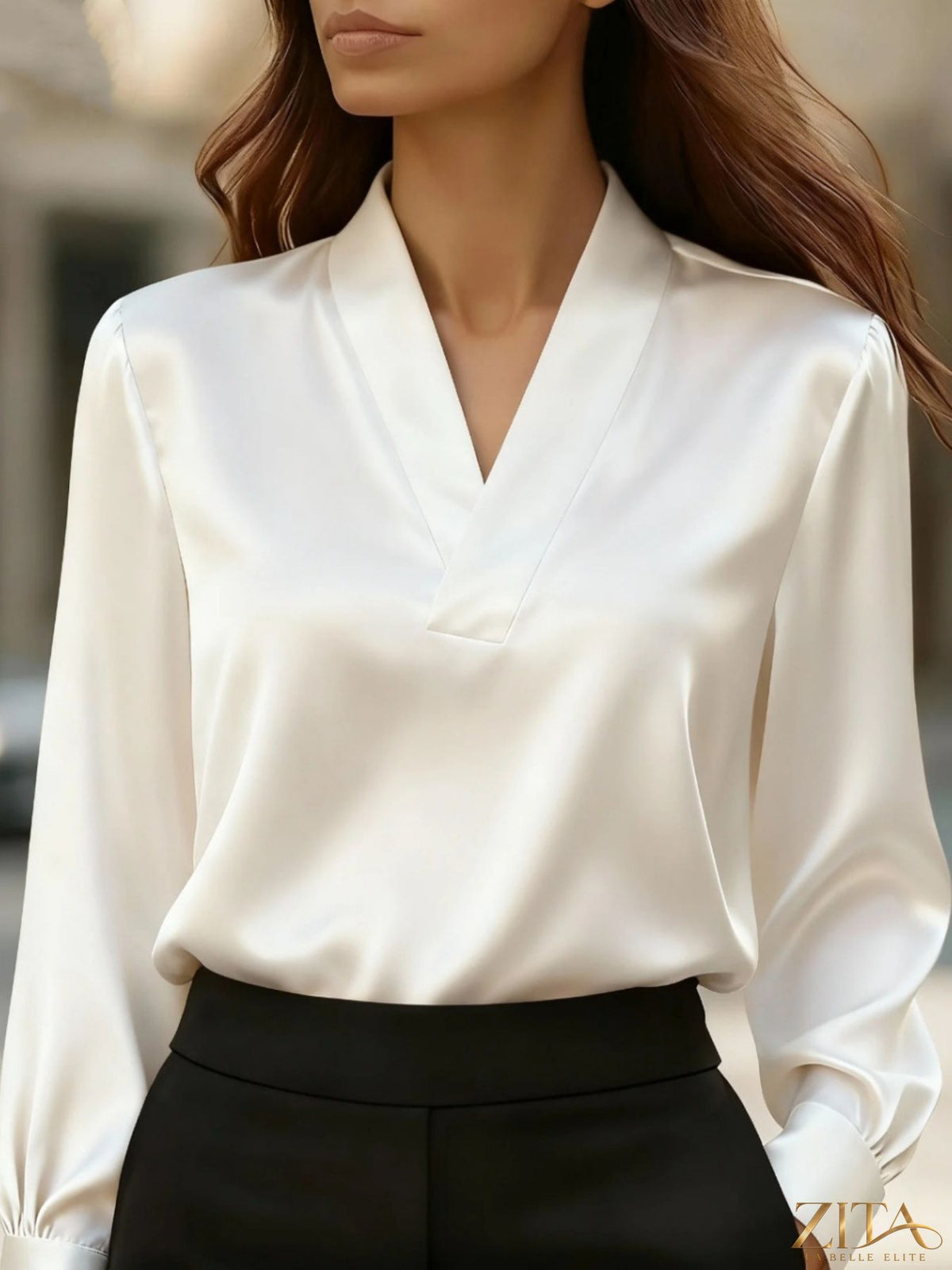 Zita La Belle Elite satin V-neck long sleeve blouse shown in soft fabric with a relaxed fit and elegant design.