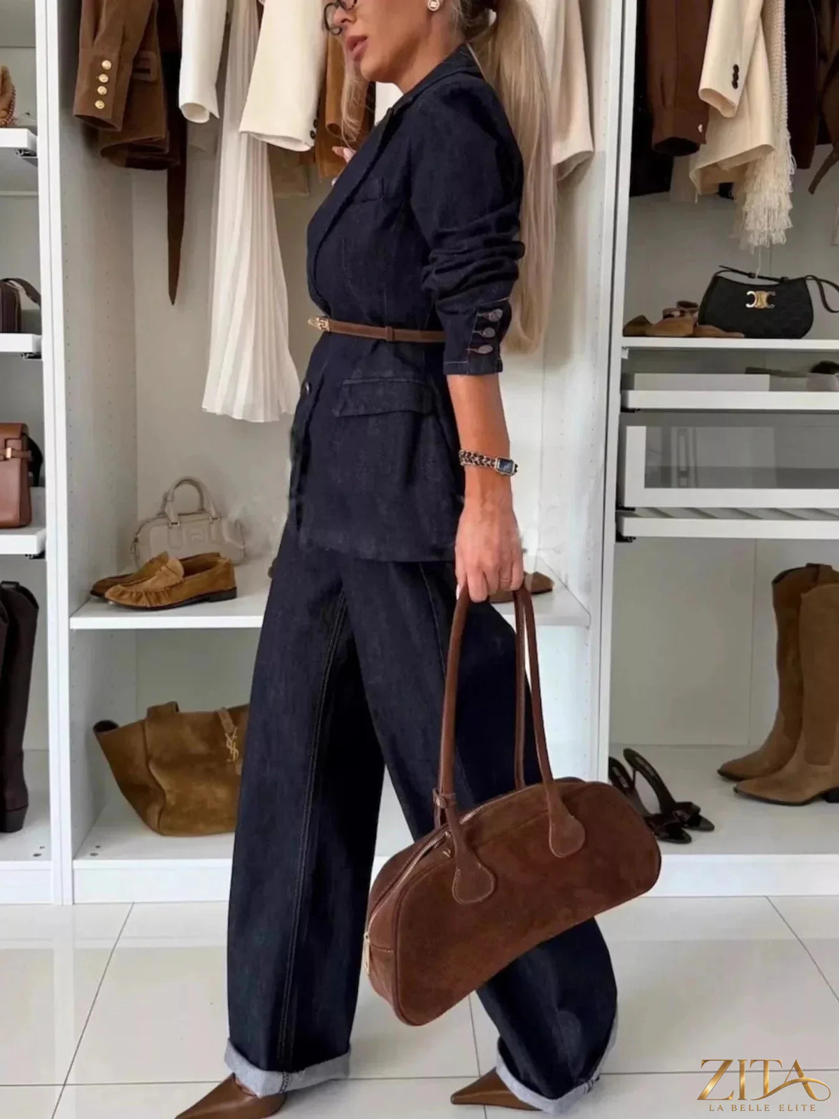 Zita La Belle Elite single-breasted blazer and matching denim jeans set, styled for a chic, casual look.