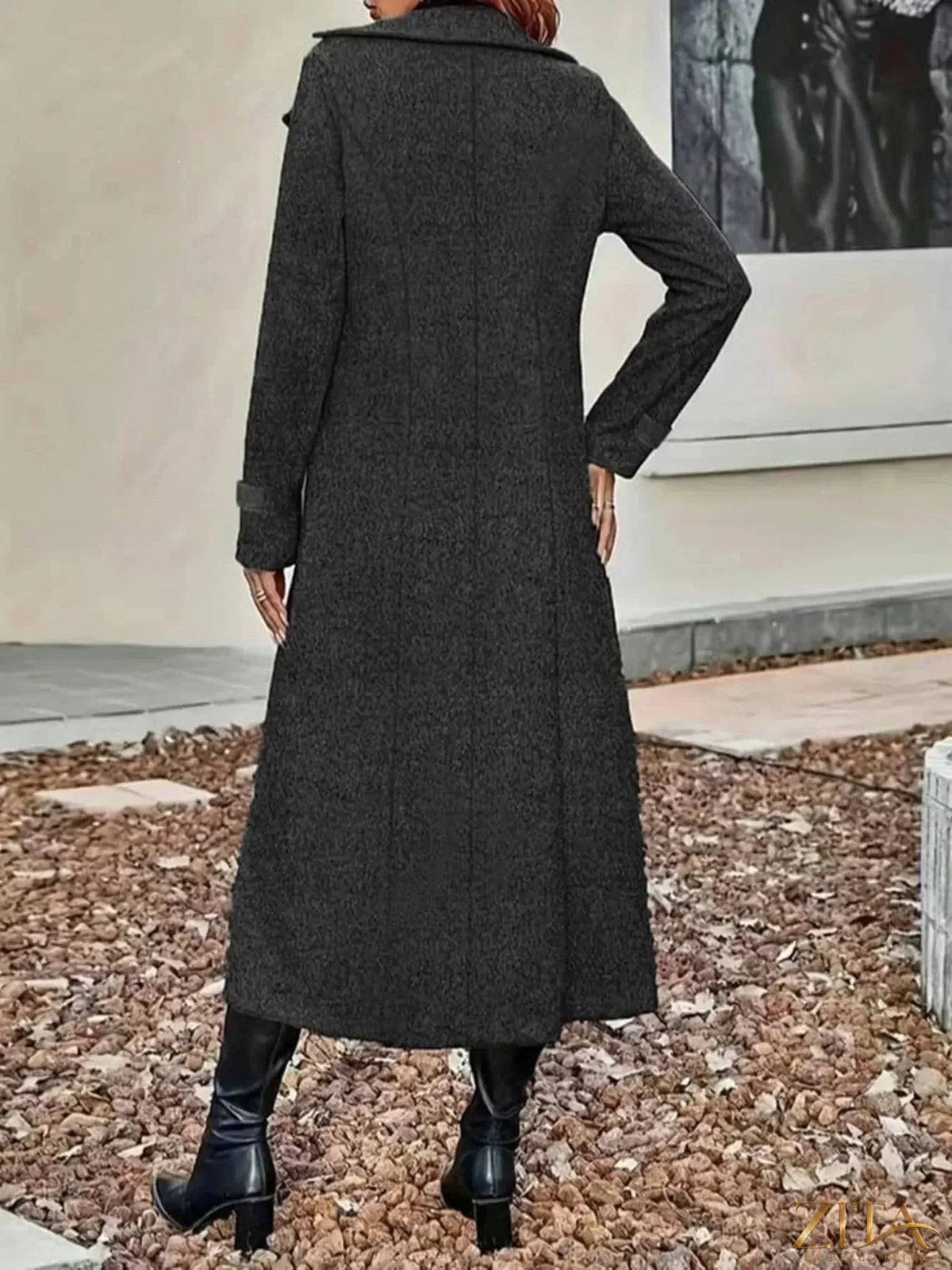 Plus size Zita La Belle Elite double-breasted longline trench coat with classic collar and belt, styled for a sophisticated look.