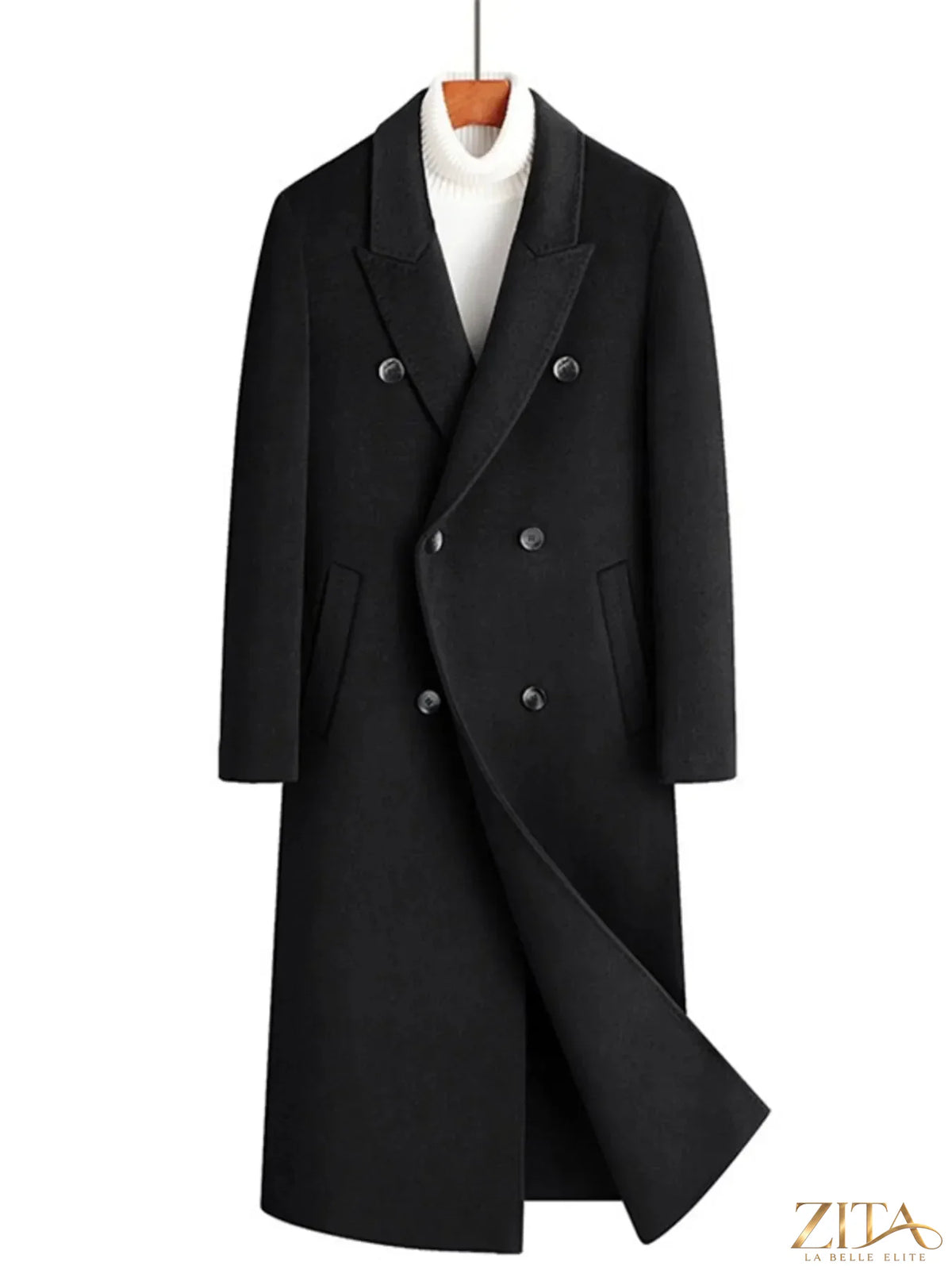 Plus size men's double-breasted wool coat by Zita La Belle Elite, shown on a model in a dark, tailored long wool coat.