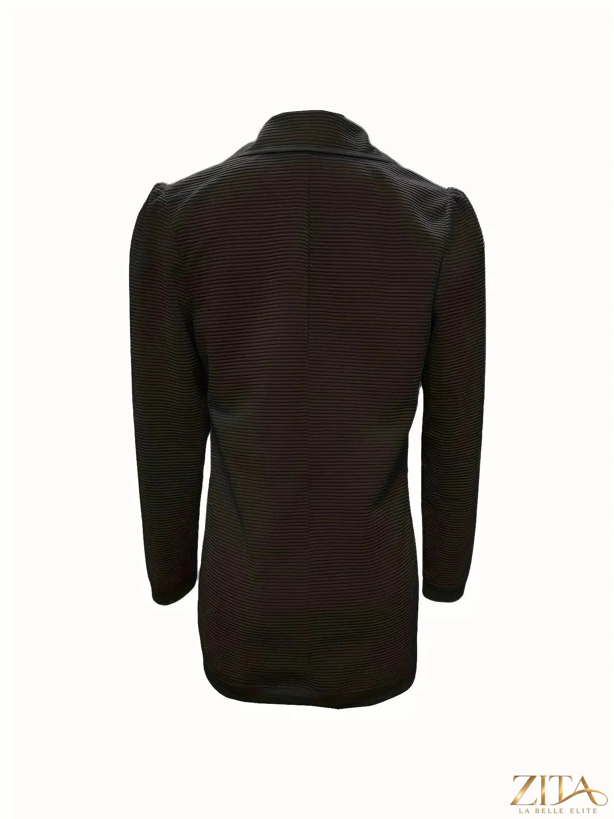 Zita La Belle Elite texture knit double-breasted blazer with notched lapels and front buttons, shown on a model.