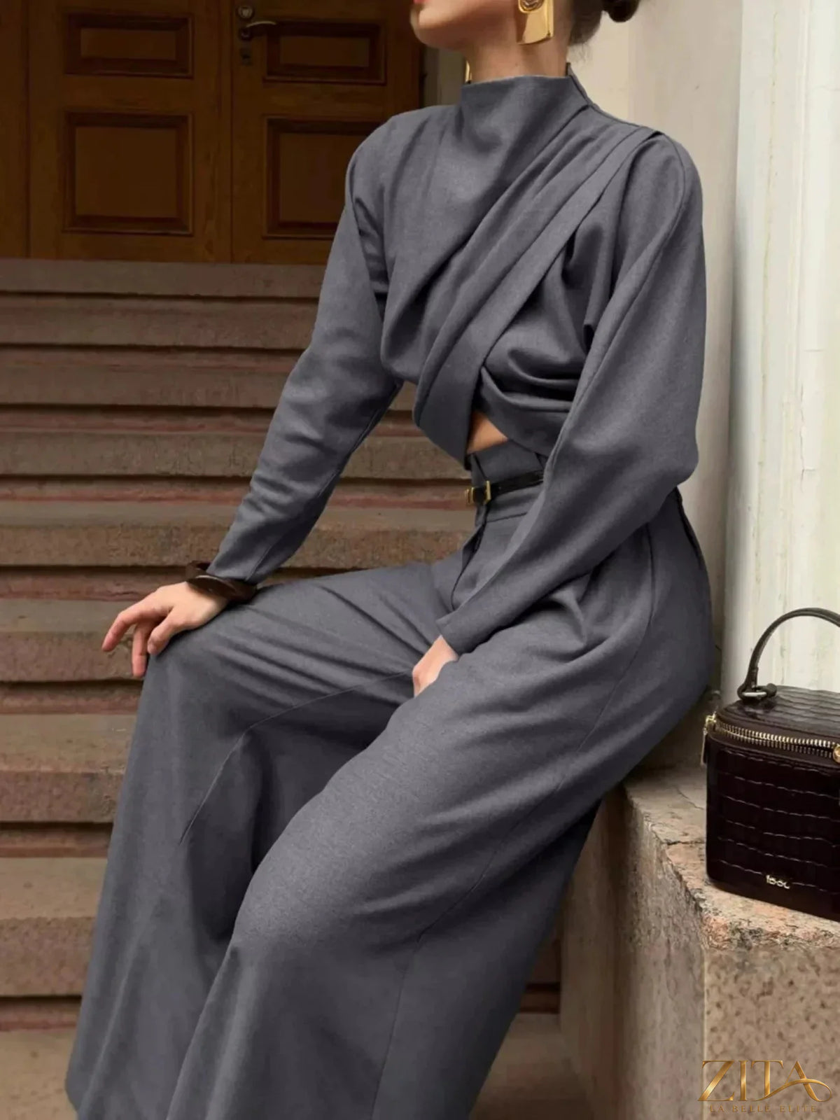 Zita La Belle Elite draped crop top and wide-leg pants set, featuring a stylish and elegant fashion ensemble.