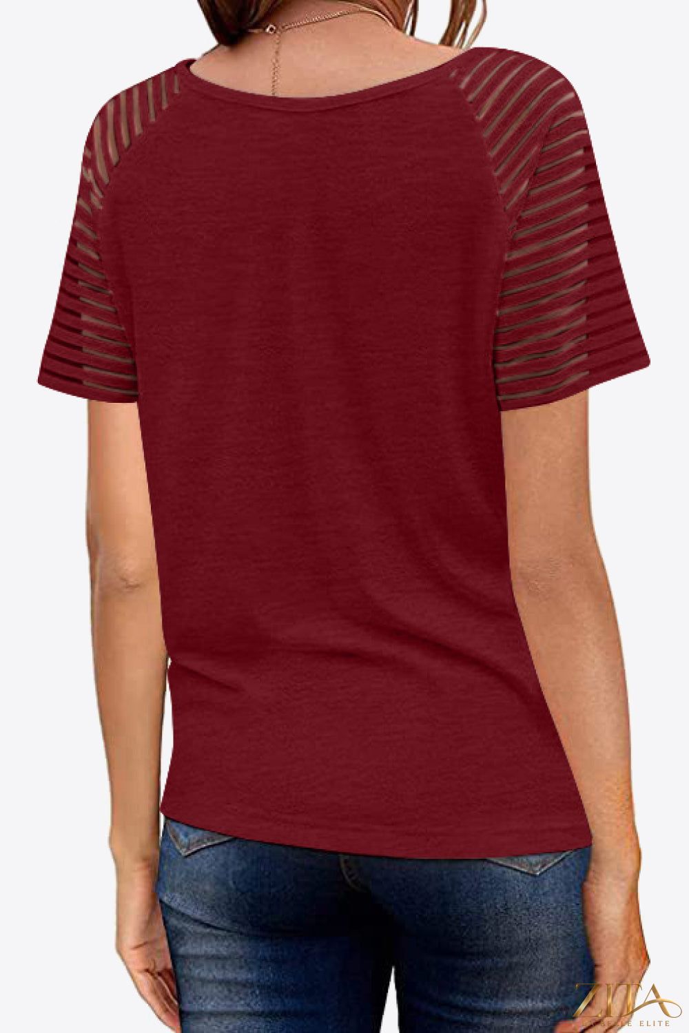 V-Neck Raglan Sleeve T-shirt by Trendsi, featuring a classic V-neck and contrasting raglan sleeves on soft fabric.
