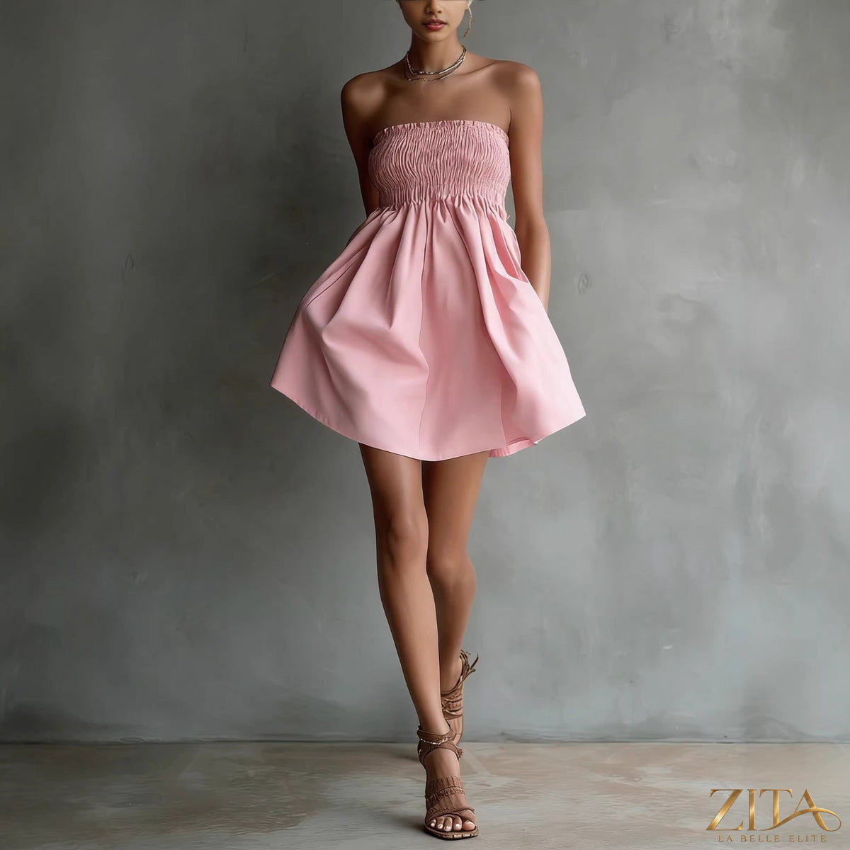 Zita La Belle Elite women's strapless mini dress with solid color, elastic waist, casualwear style, perfect for summer outings.