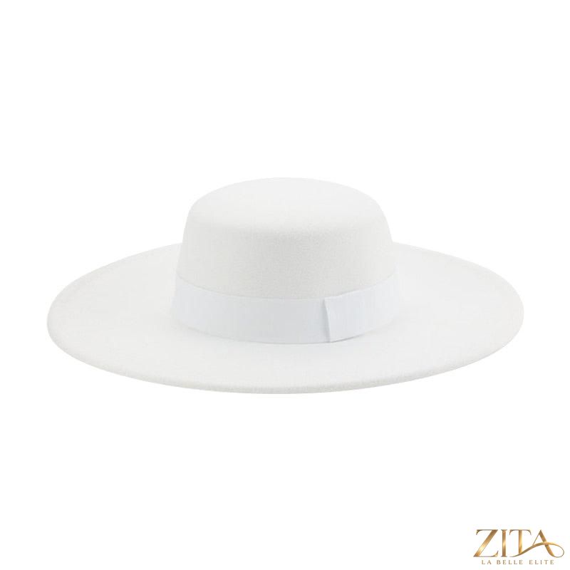Elegant women's wide brim fedora hat by Zita La Belle Elite with a belt, perfect for stylish weddings and retro fashion.