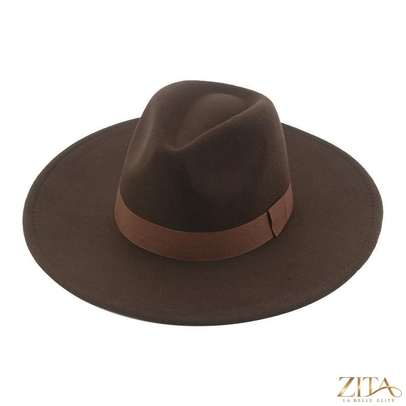 Elegant women's wide brim fedora hat with belt, stylish retro design, from Zita La Belle Elite, suitable for weddings and fashion.