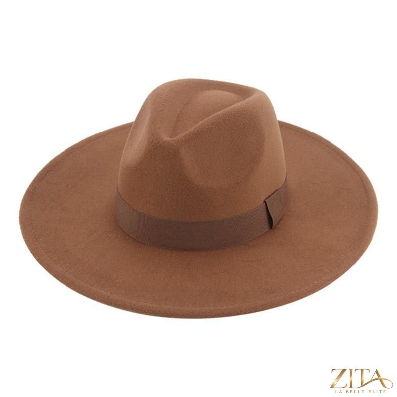 Elegant women's wide brim Fedora hat by Zita La Belle Elite featuring a belt, suitable for stylish occasions and retro fashion.