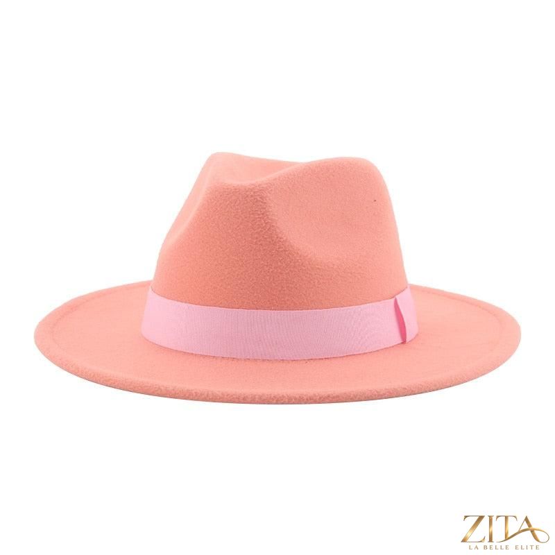 Elegant women's wide brim fedora hat with belt by Zita La Belle Elite, showcasing a stylish retro design with UV protection.
