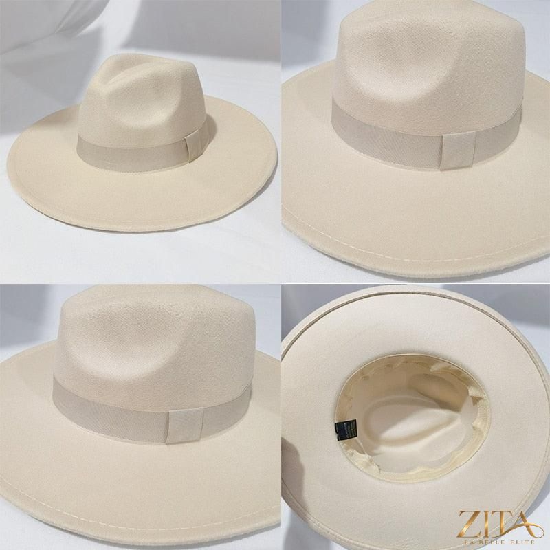 Elegant women's wide brim fedora hat by Zita La Belle Elite with a belt, stylish retro design, perfect for weddings and fashion.