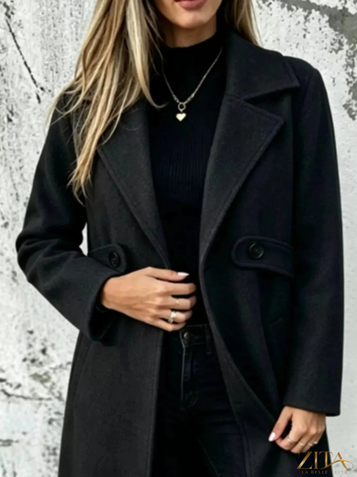Plus size Zita La Belle Elite longline overcoat with a lapel collar, full size, stylish and warm for cold weather.