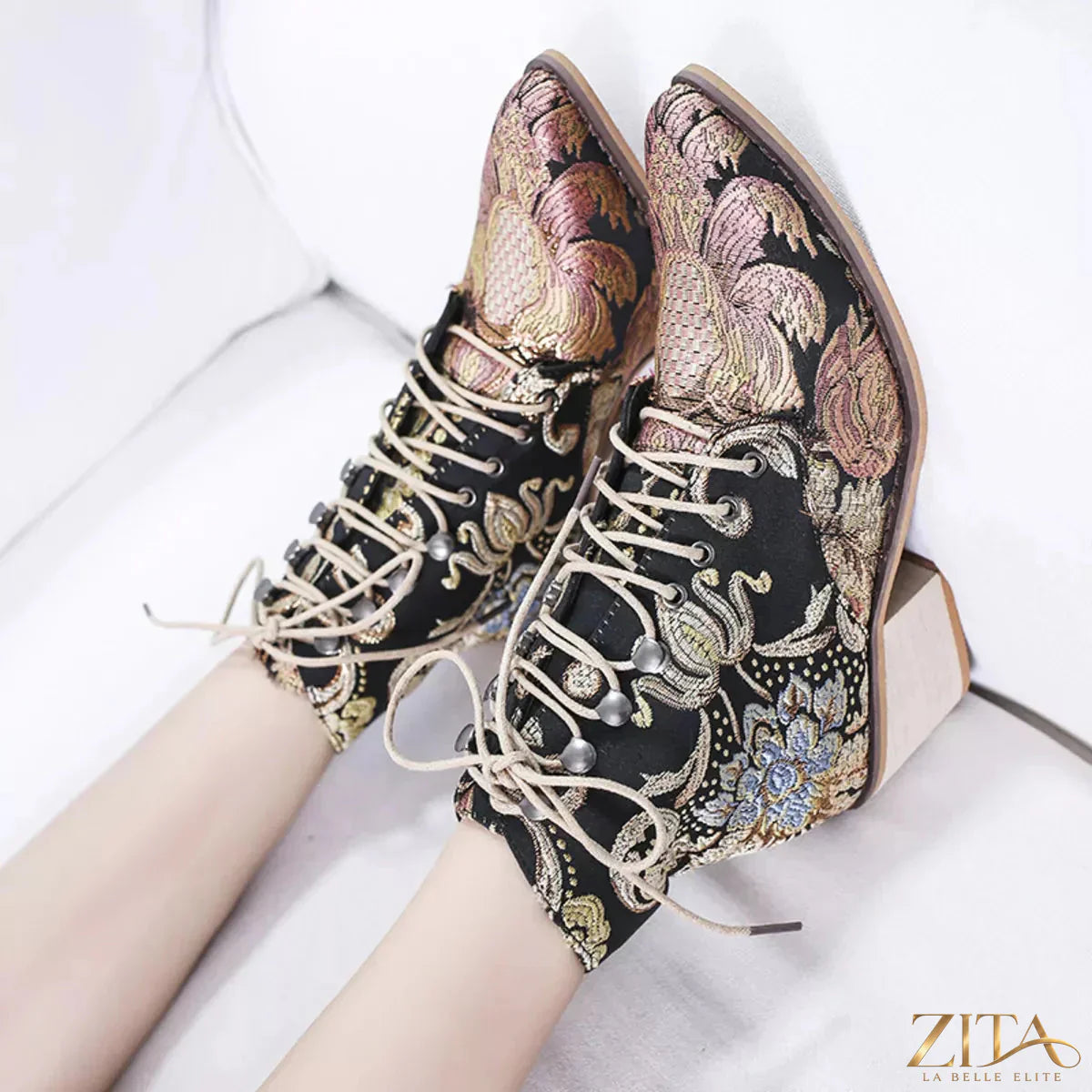 Embroidered floral lace-up ankle boots by Zita La Belle Elite featuring intricate embroidery and stylish ankle height.