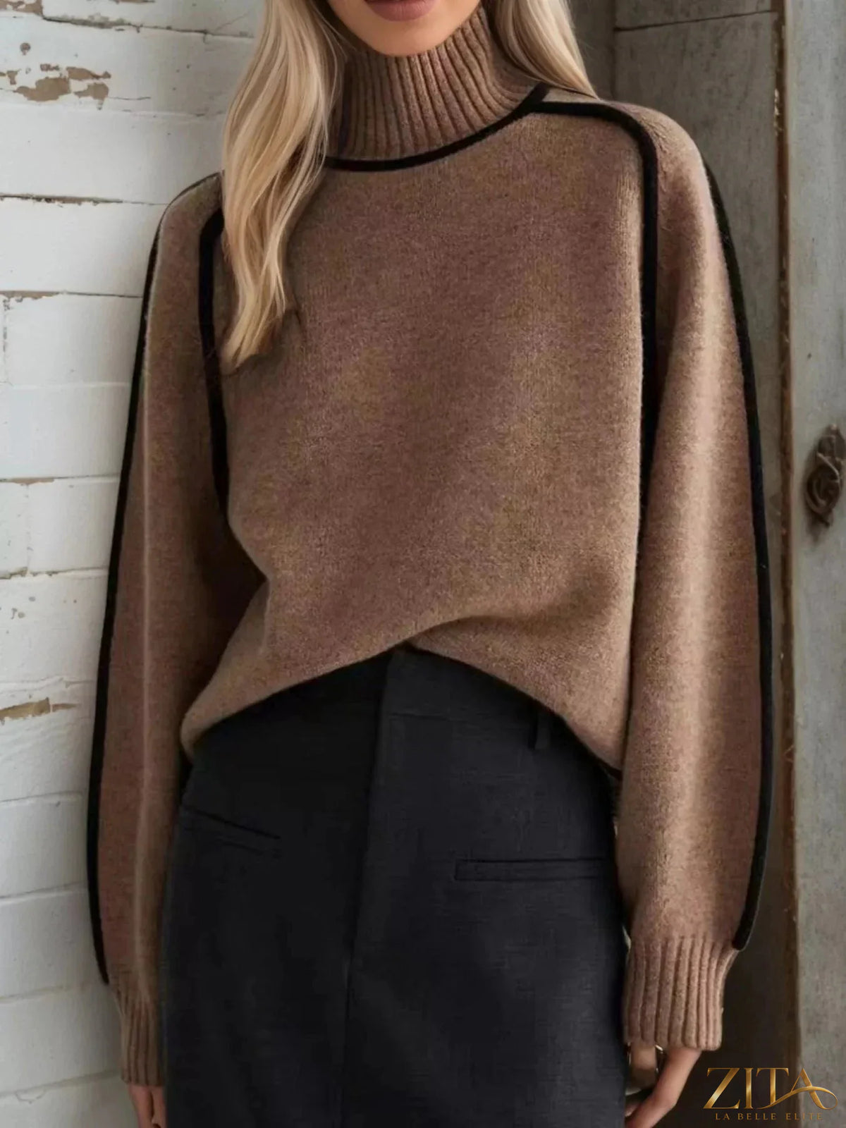 Zita La Belle Elite contrast trim turtleneck sweater with ribbed cuffs and hem, featuring a stylish color-block design.