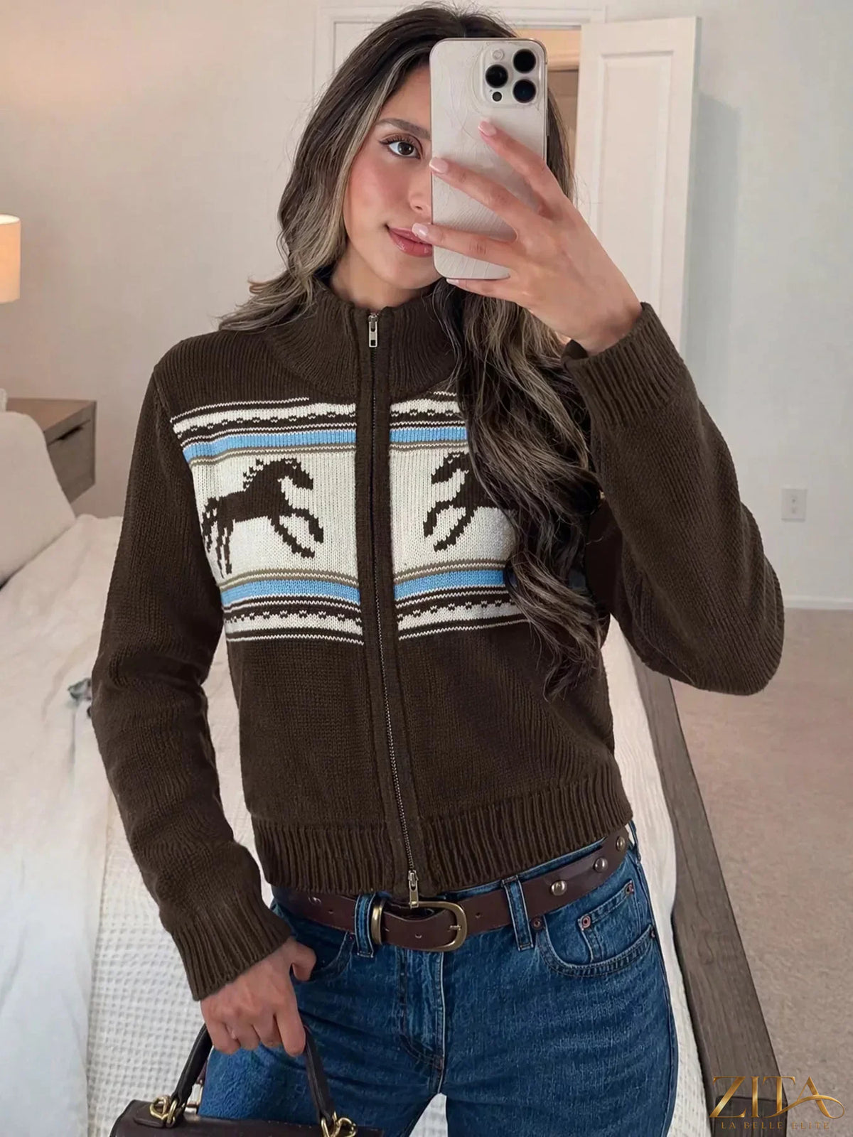 Zita La Belle Elite horse zip-up mock neck cardigan featuring a stylish collar and fitted design, displayed on a neutral background