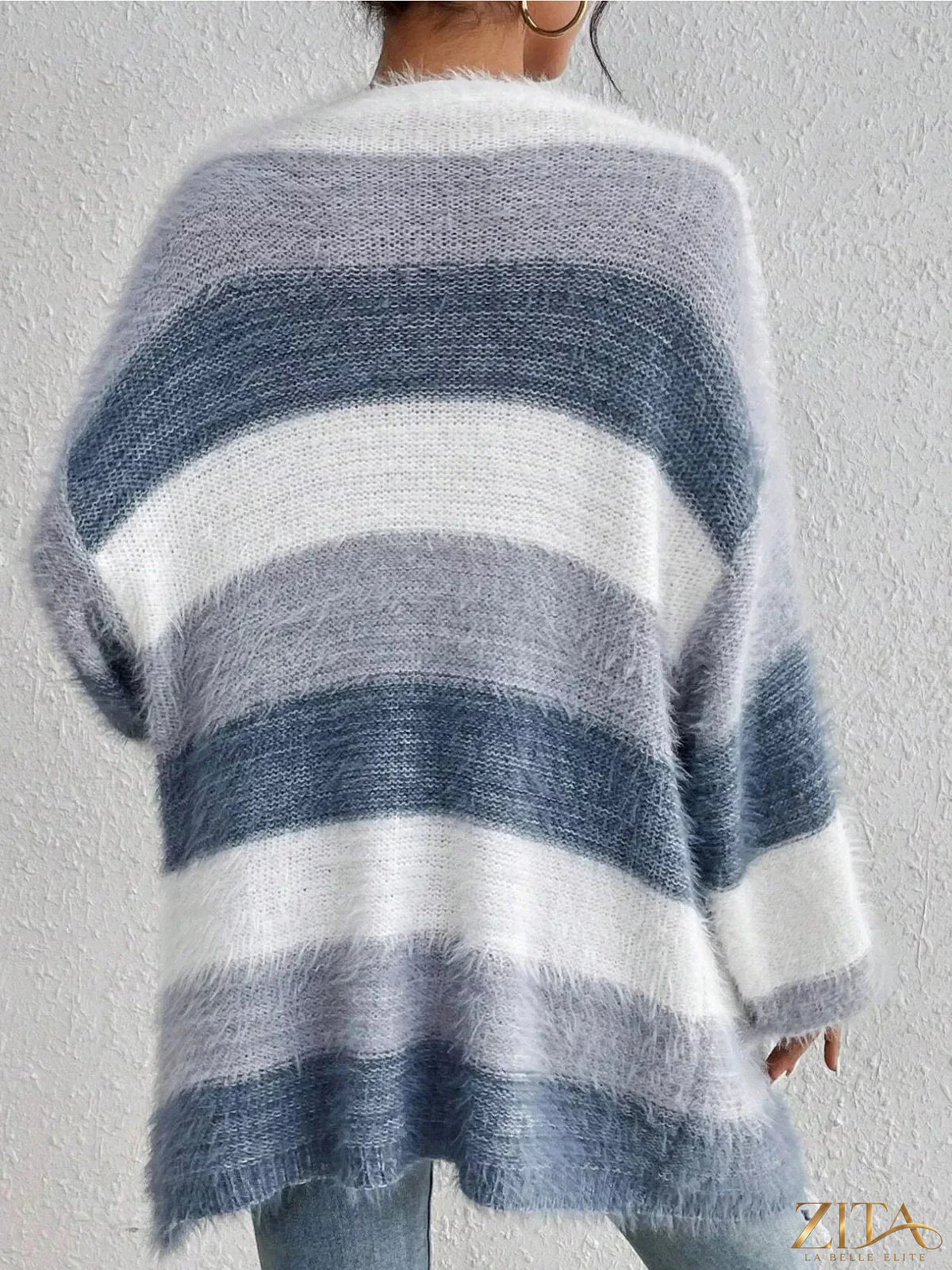 Zita La Belle Elite striped open front oversized cardigan displayed on a hanger, featuring bold horizontal stripes and a relaxed fit
