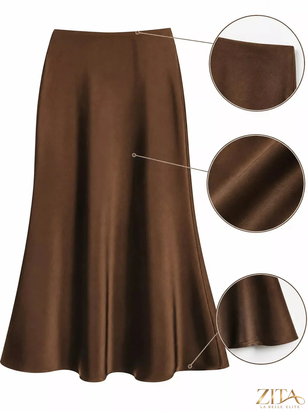 Plus size high-waisted satin midi skirt in full length, trendy and elegant, with a smooth, shiny fabric perfect for stylish outfits.