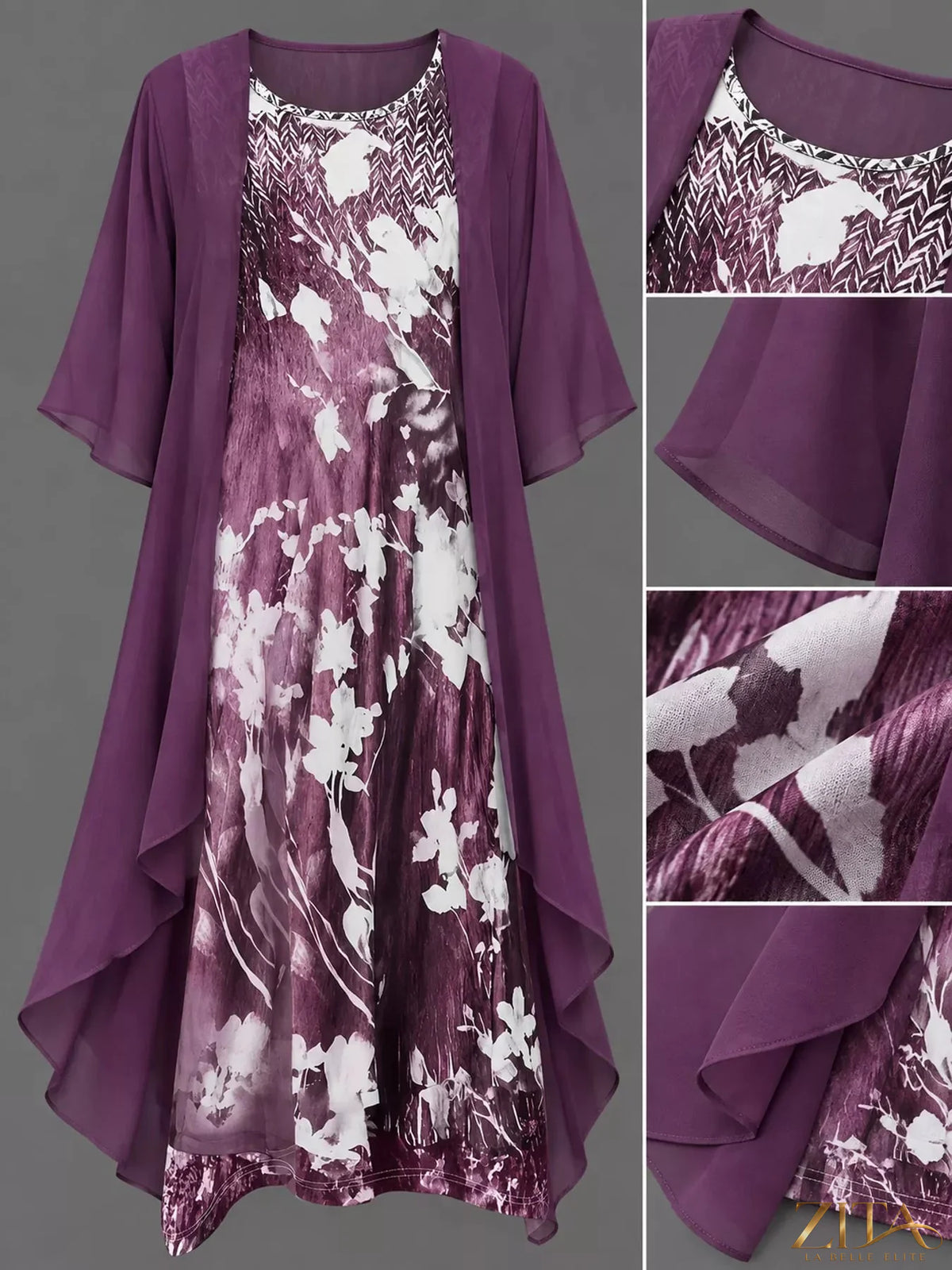 Plus size floral print midi dress and chiffon cardigan set by Zita La Belle Elite, shown on a model.