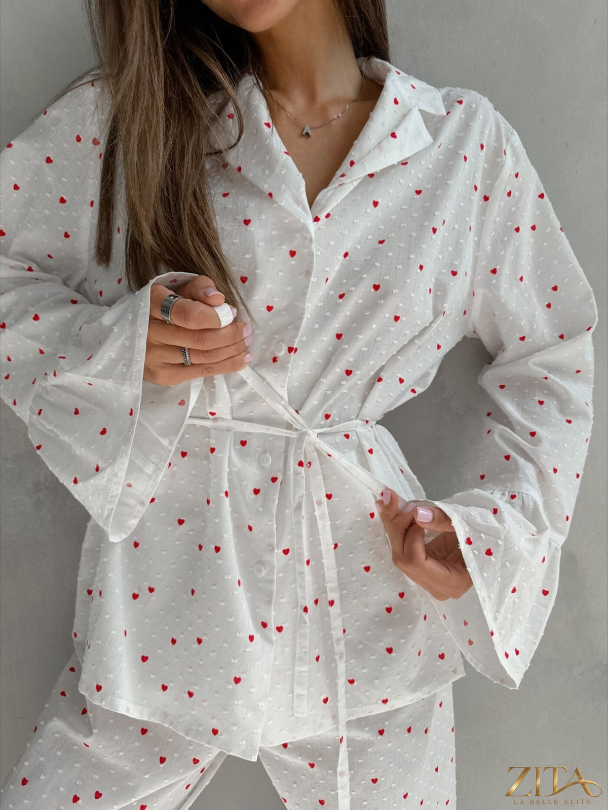 Zita La Belle Elite heart print long sleeve top and matching pants lounge set, soft fabric, cozy sleepwear or loungewear ensemble.