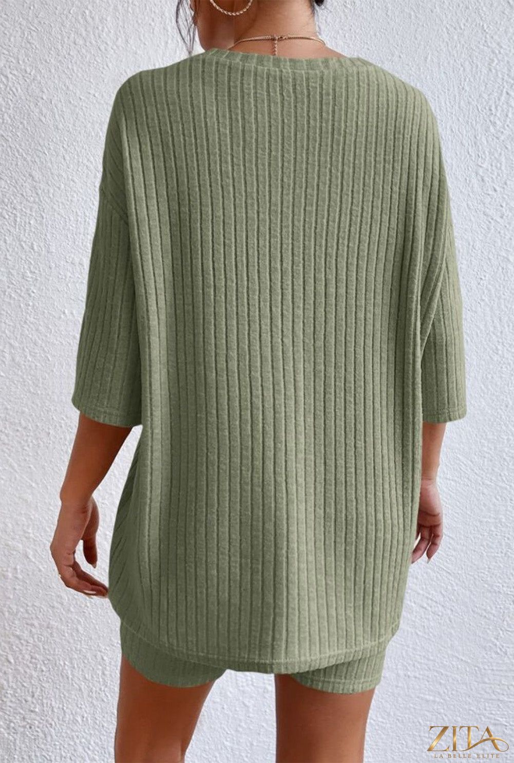 Zita La Belle Elite round neck ribbed top and matching shorts lounge set, soft fabric, comfortable fit, casual home wear.