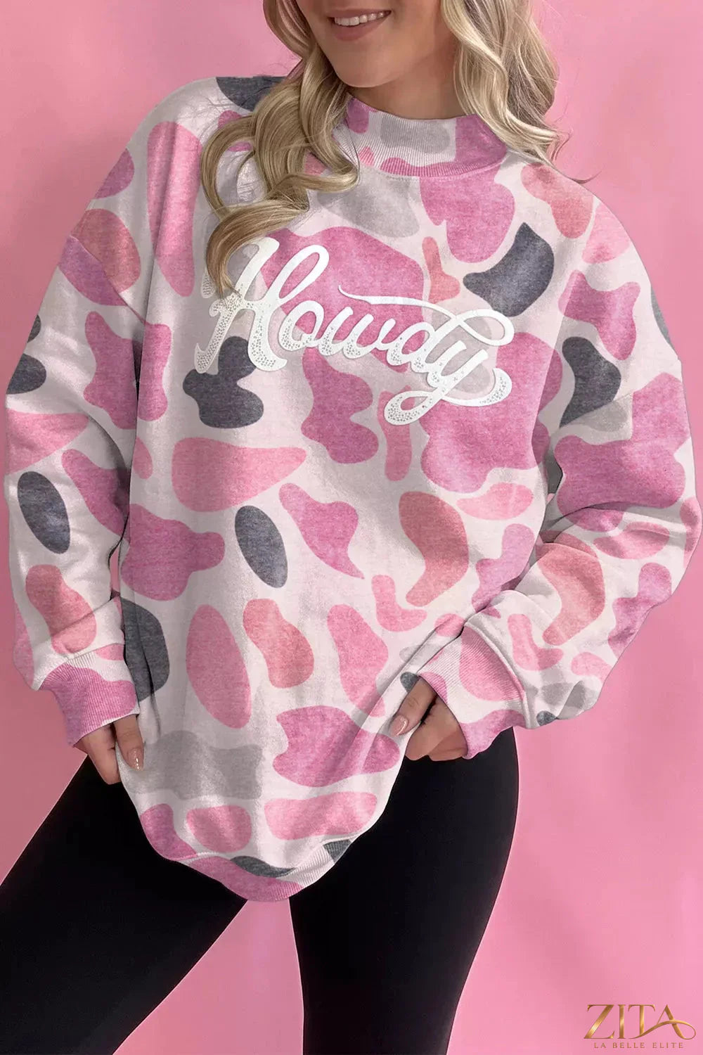 Camouflage Western style pullover sweatshirt by Zita La Belle Elite, shown in a close-up of the camo fabric and Western design details.