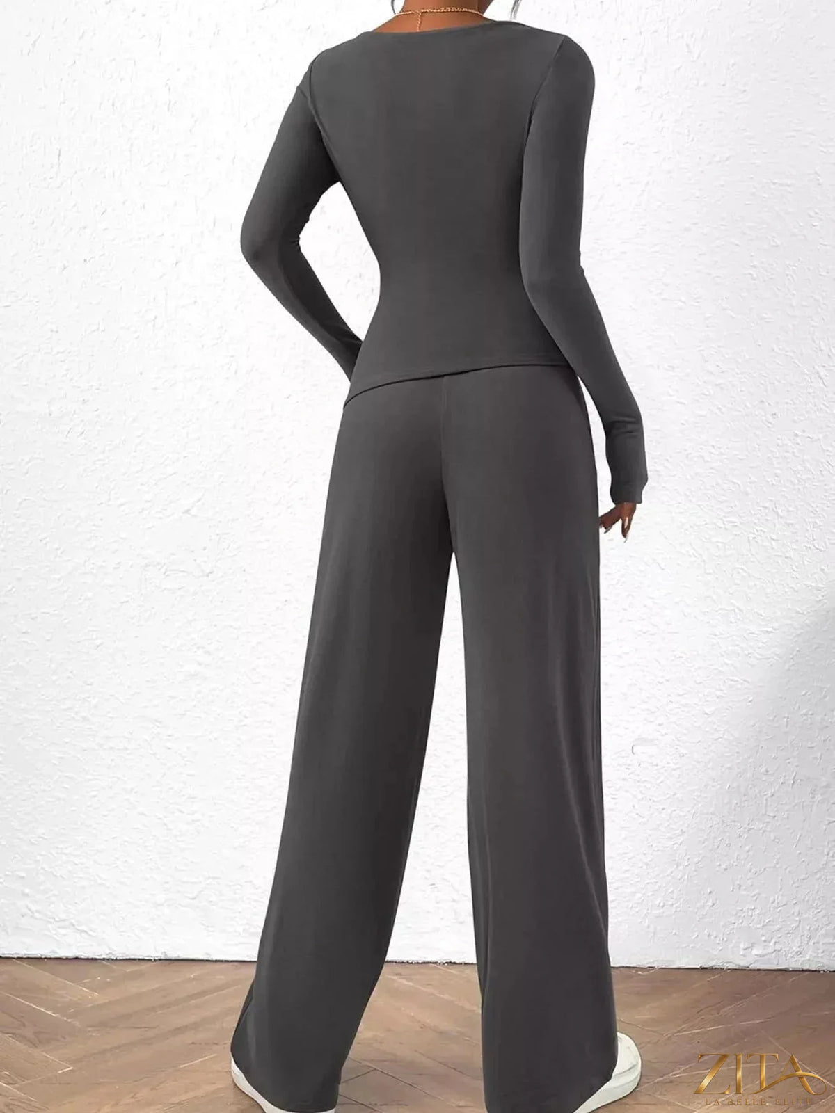 Zita La Belle Elite long sleeve top and wide leg pants set in soft fabric, shown in a stylish, coordinated outfit image.