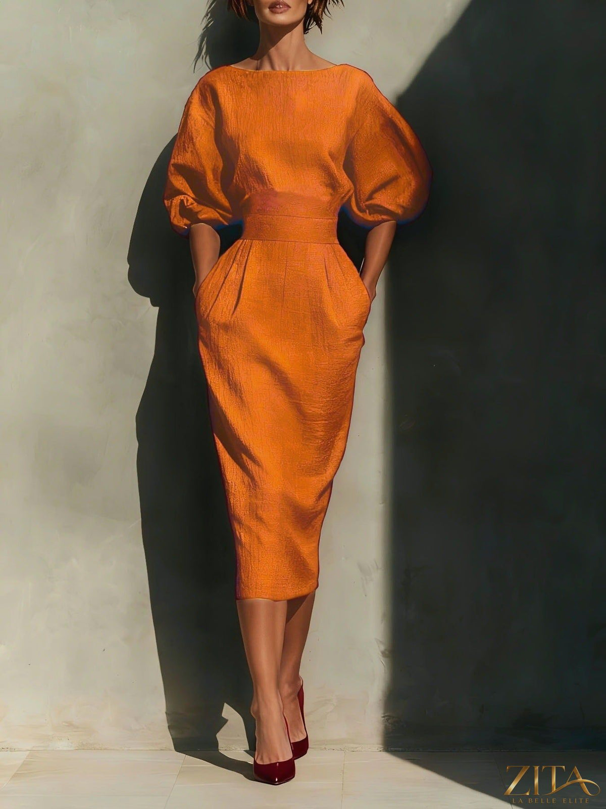 Zita La Belle Elite round neck midi dress with puff sleeves, showcasing a stylish and elegant design in soft fabric.