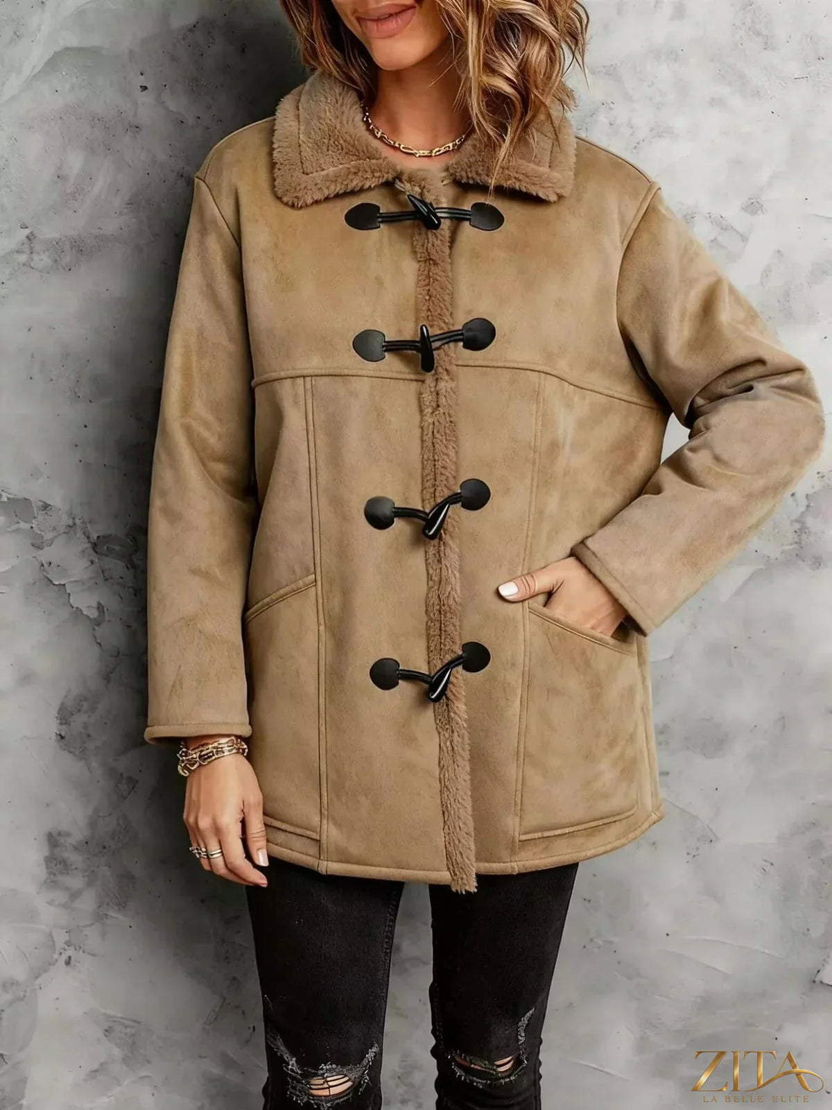 Zita La Belle Elite faux suede toggle coat with sherpa lining, featuring a classic toggle closure and cozy winter style.