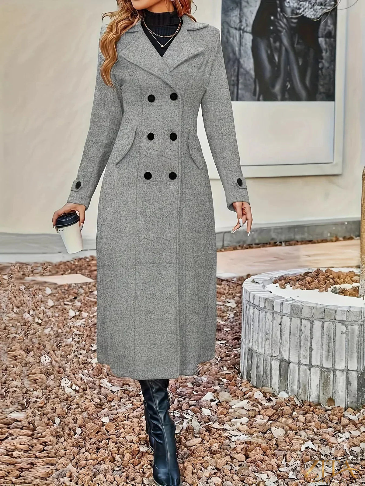Zita La Belle Elite double-breasted longline coat in neutral fabric, shown hanging on a wooden rack with a modern background.