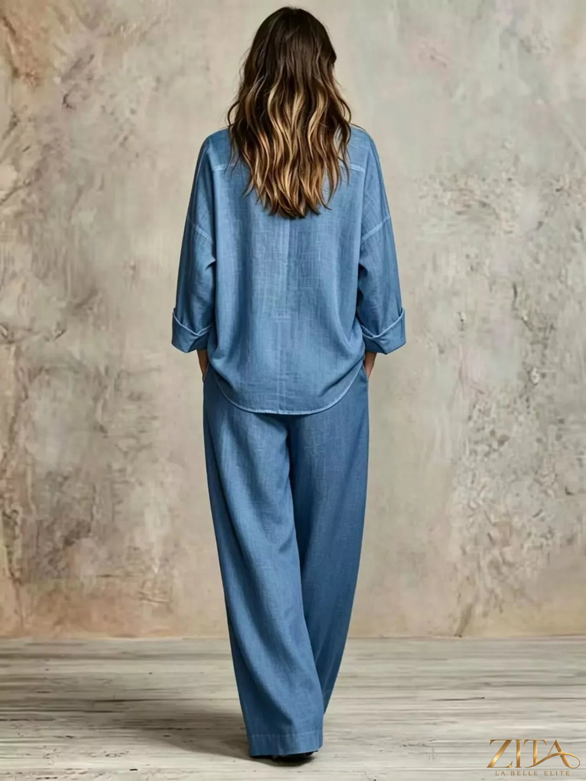 Plus size Zita La Belle Elite button-down shirt and wide-leg pants set, featuring a stylish, coordinated outfit with a relaxed fit.
