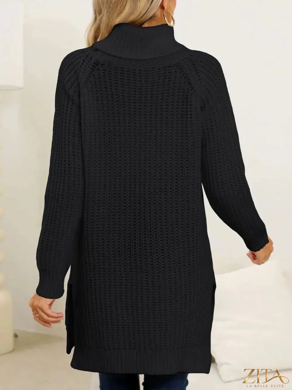 Trendsi slit turtleneck long sleeve sweater in soft knit fabric, featuring a stylish slit detail on the side and fitted silhouette.