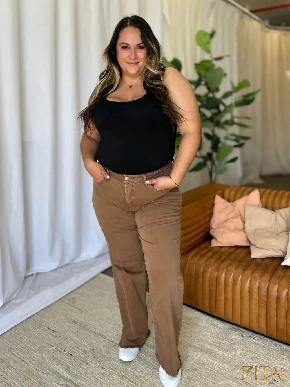 Zita La Belle Elite RFM full size high rise garment dye wide leg jeans, indigo denim with a relaxed fit and wide leg silhouette.