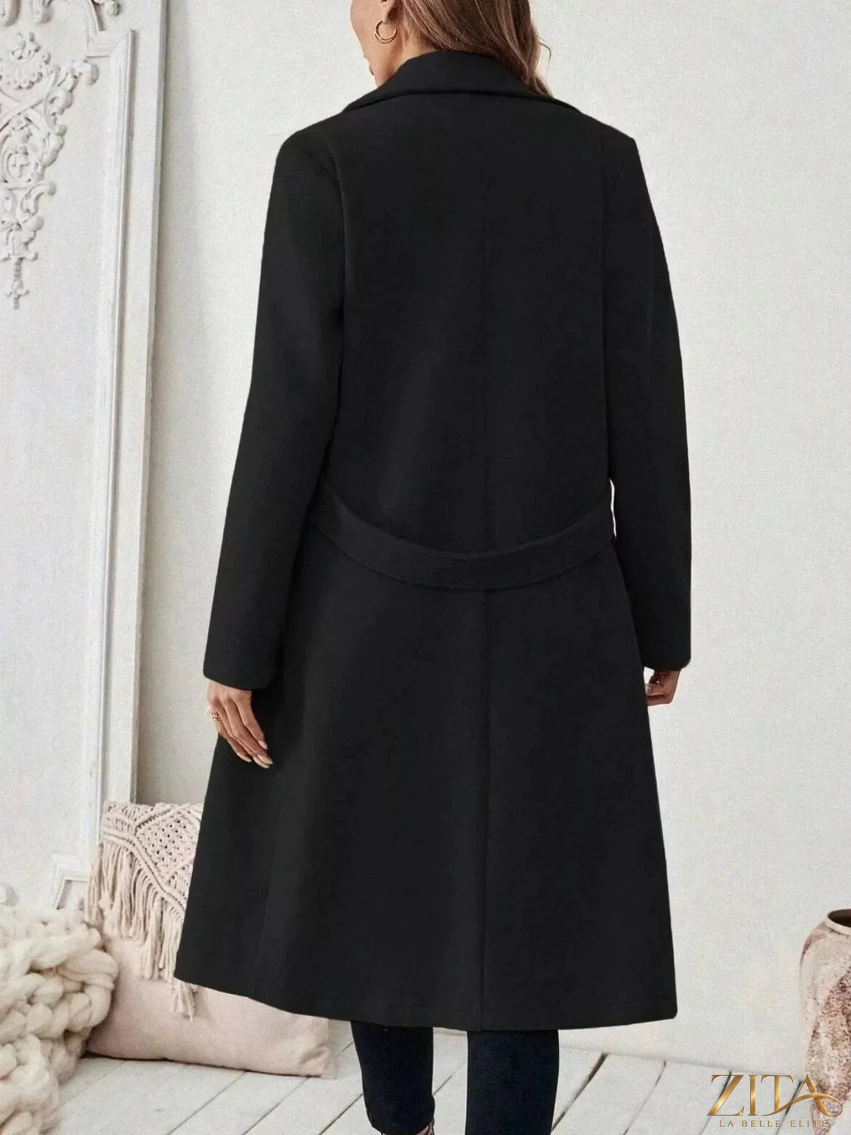 Zita La Belle Elite longline coat with lapel collar, featuring a sleek, tailored design and comfortable fit in a neutral color.