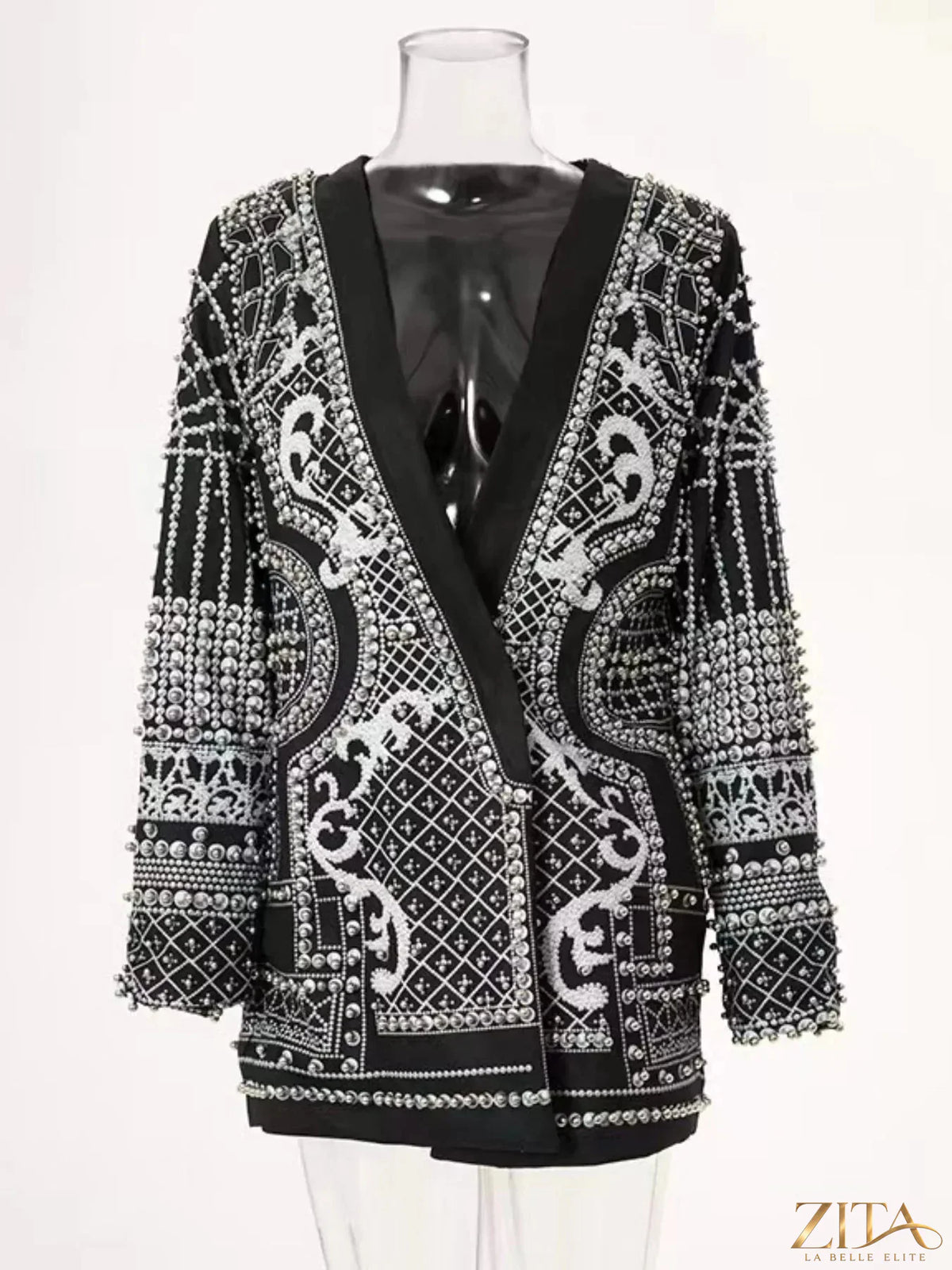 Plus size Zita La Belle Elite blazer with full size fit, embellished pearl details, and a single button closure.