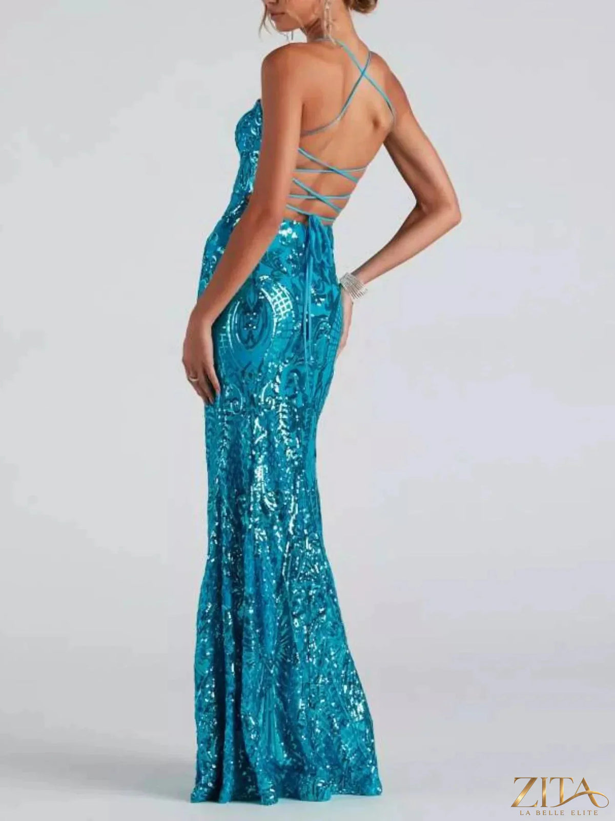 Sequin embellished backless bodycon evening dress with lace-up back from Zita La Belle Elite, featuring shimmering sequins and elegant design.