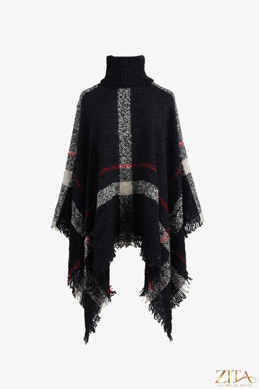 Plaid turtleneck poncho with raw hem from Trendsi, featuring a cozy, stylish design in warm plaid fabric.