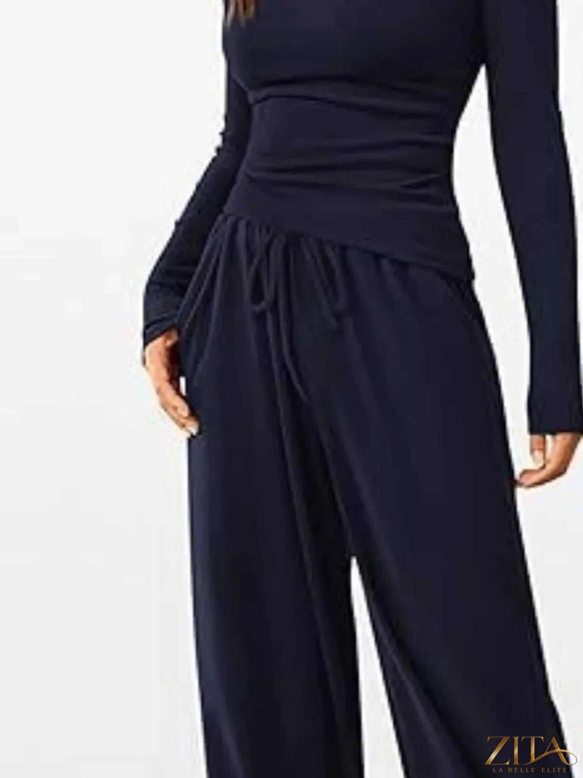 Zita La Belle Elite long sleeve top and wide-leg pants set in soft fabric, shown in a stylish, coordinated outfit.