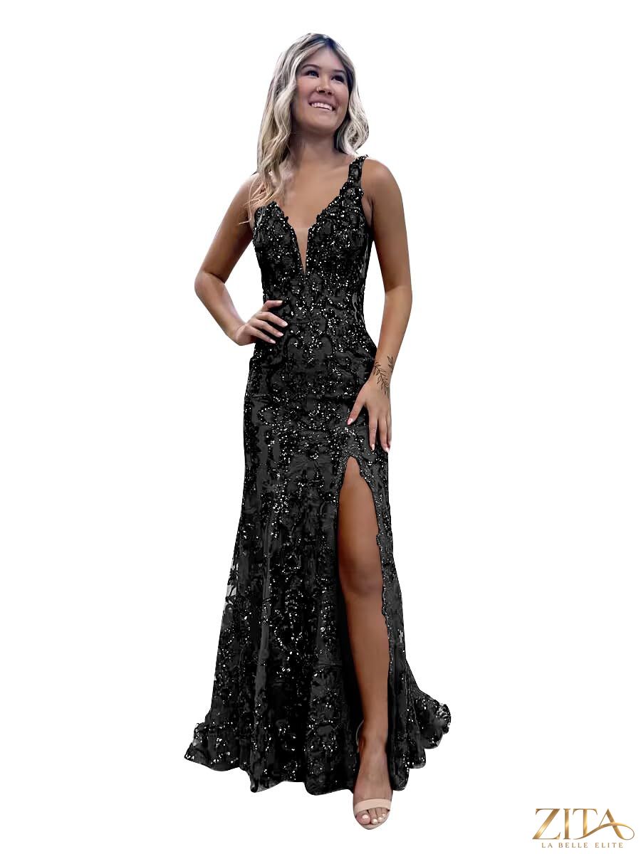 Black sequin V-neck mermaid gown with slit by Zita La Belle Elite, showcasing a fitted silhouette and elegant design.