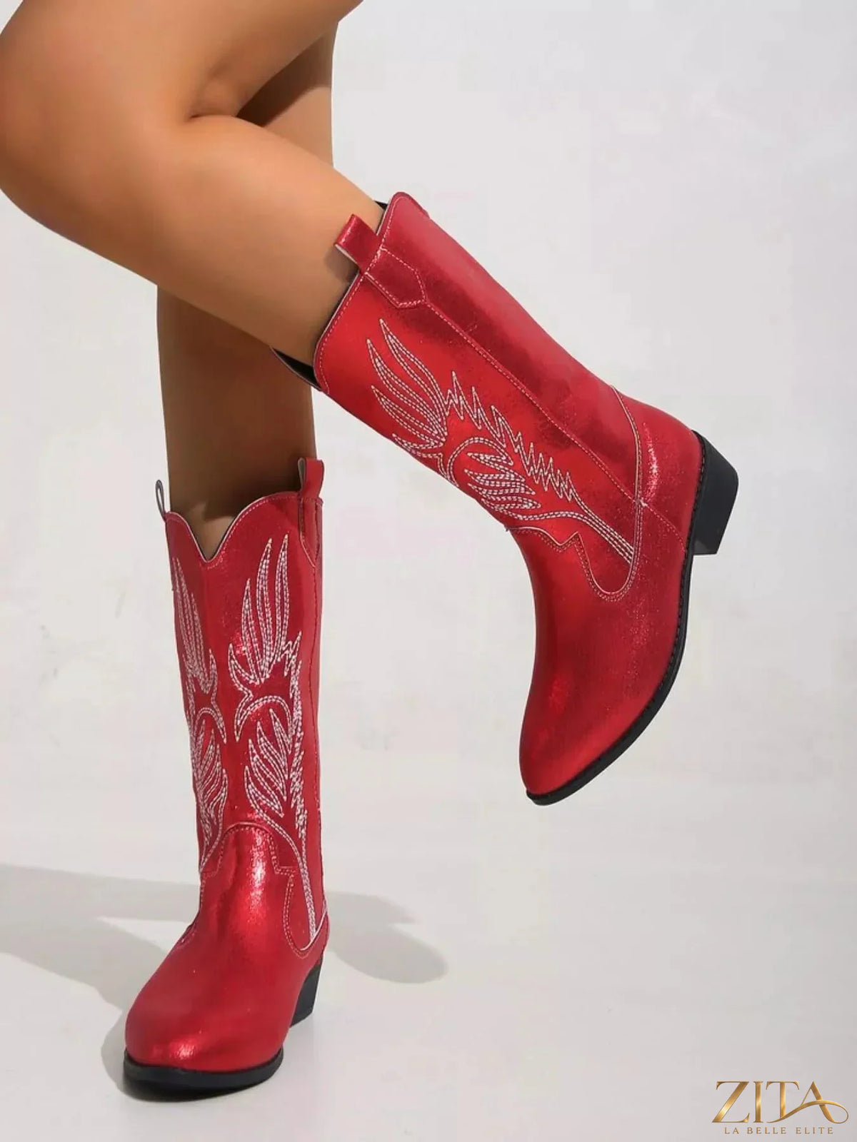 Zita La Belle Elite embroidered block heel boots with floral embroidery, pointed toe, and stylish ankle-high design.