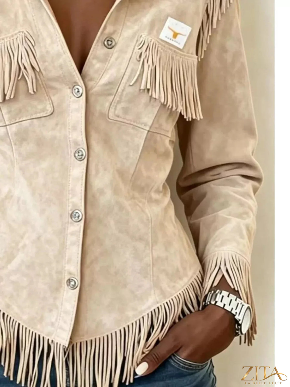 Plus size fringed snap-down jacket from Trendsi featuring a full size design with fringed details and a stylish snap front.