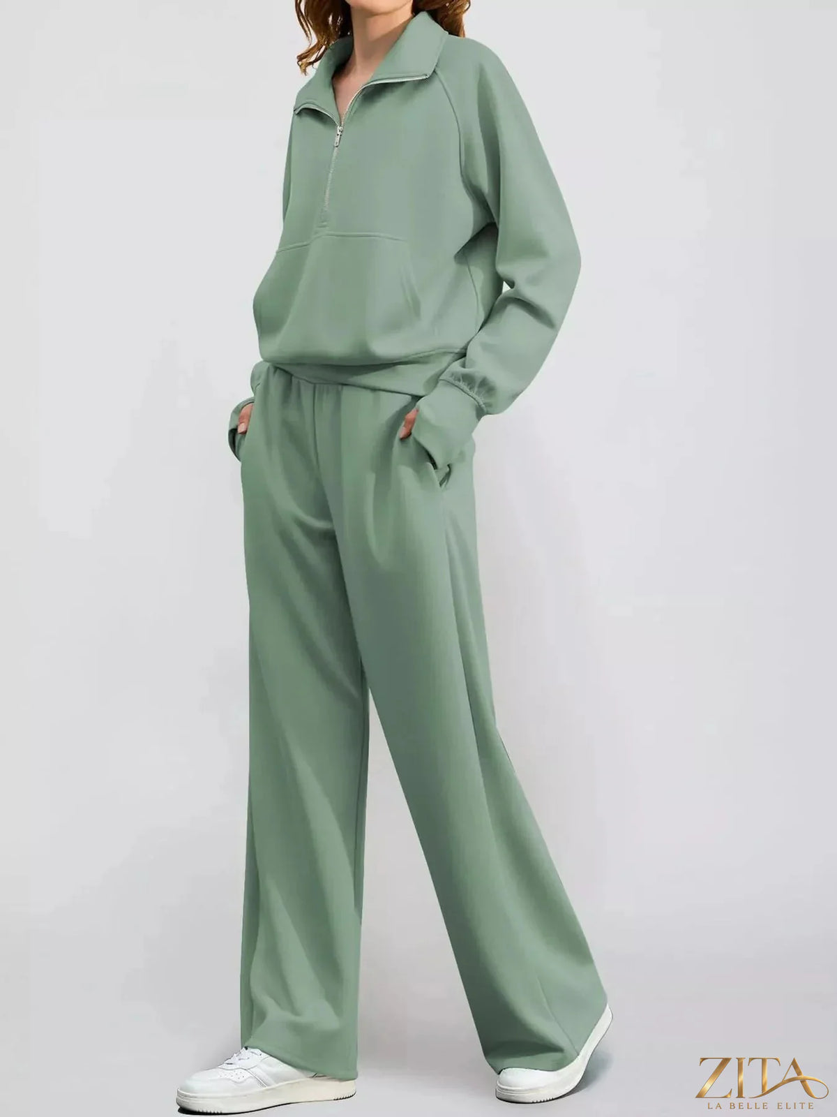 Zita La Belle Elite half-zip sweatshirt and wide-leg pants set in soft fabric, displayed on a mannequin.