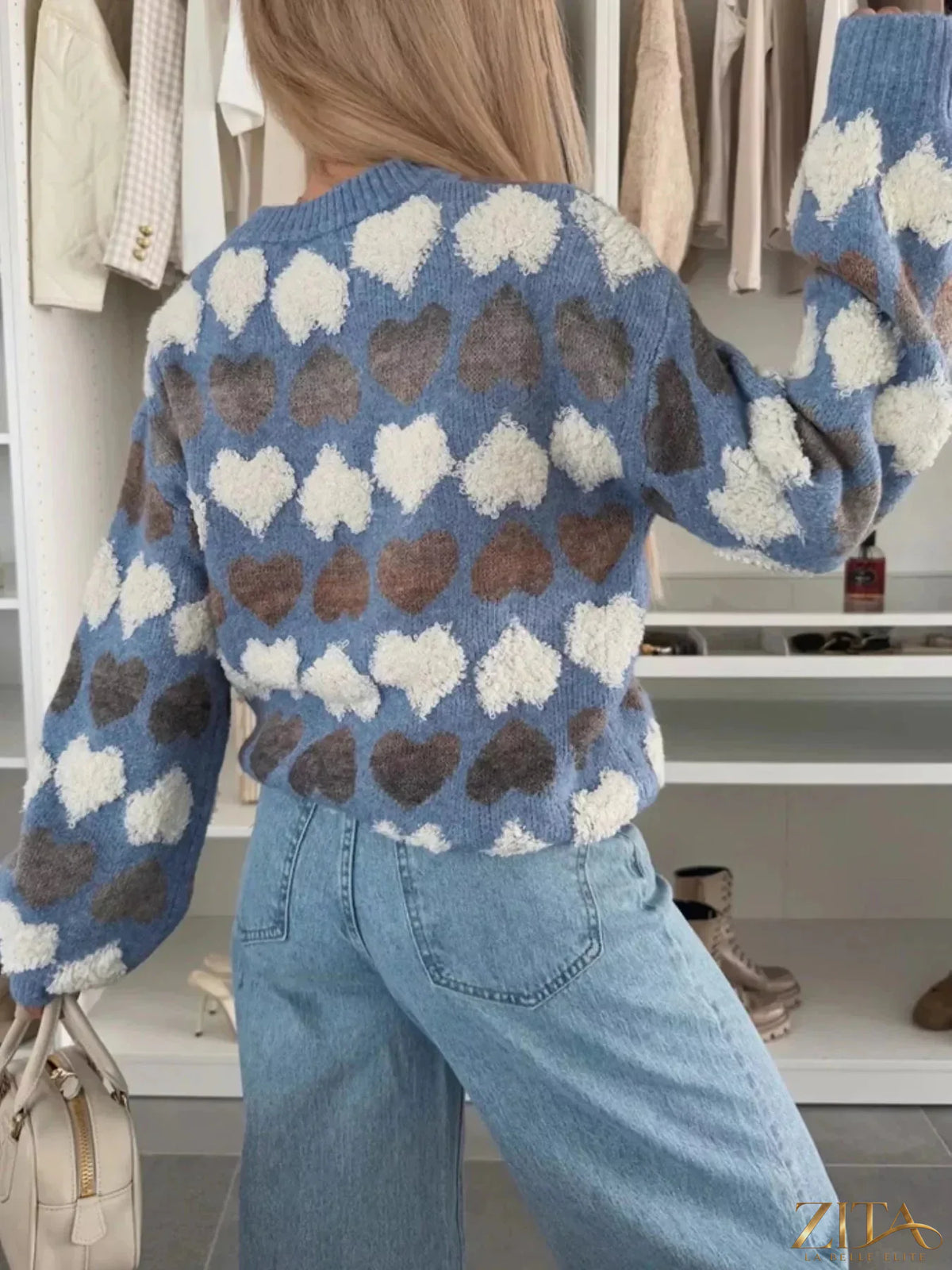 Zita La Belle Elite heart-patterned round neck sweater in soft knit fabric, featuring a cozy fit and romantic heart designs.