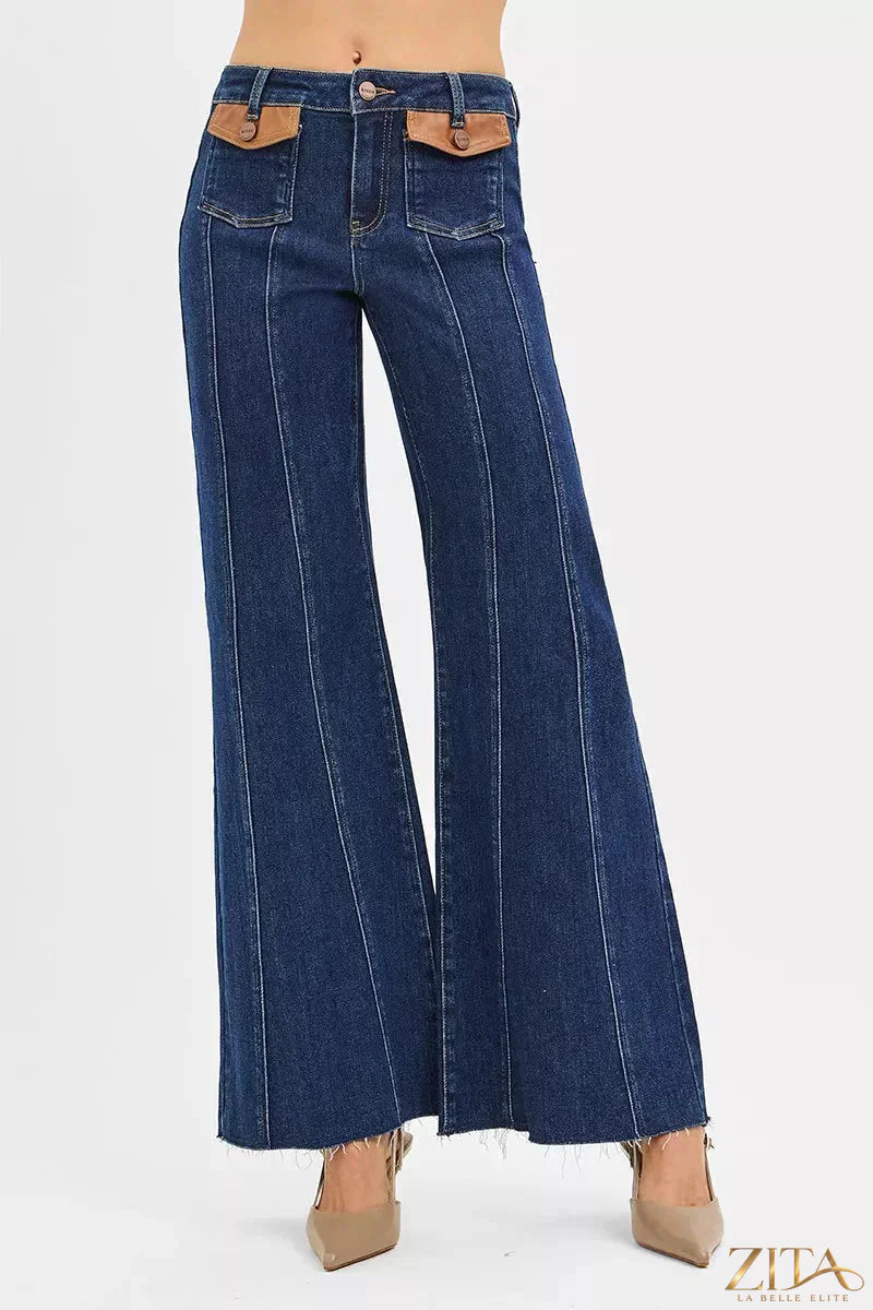 Zita La Belle Elite RISEN high rise wide flare jeans with front leather pocket detail, denim fabric and stylish silhouette.