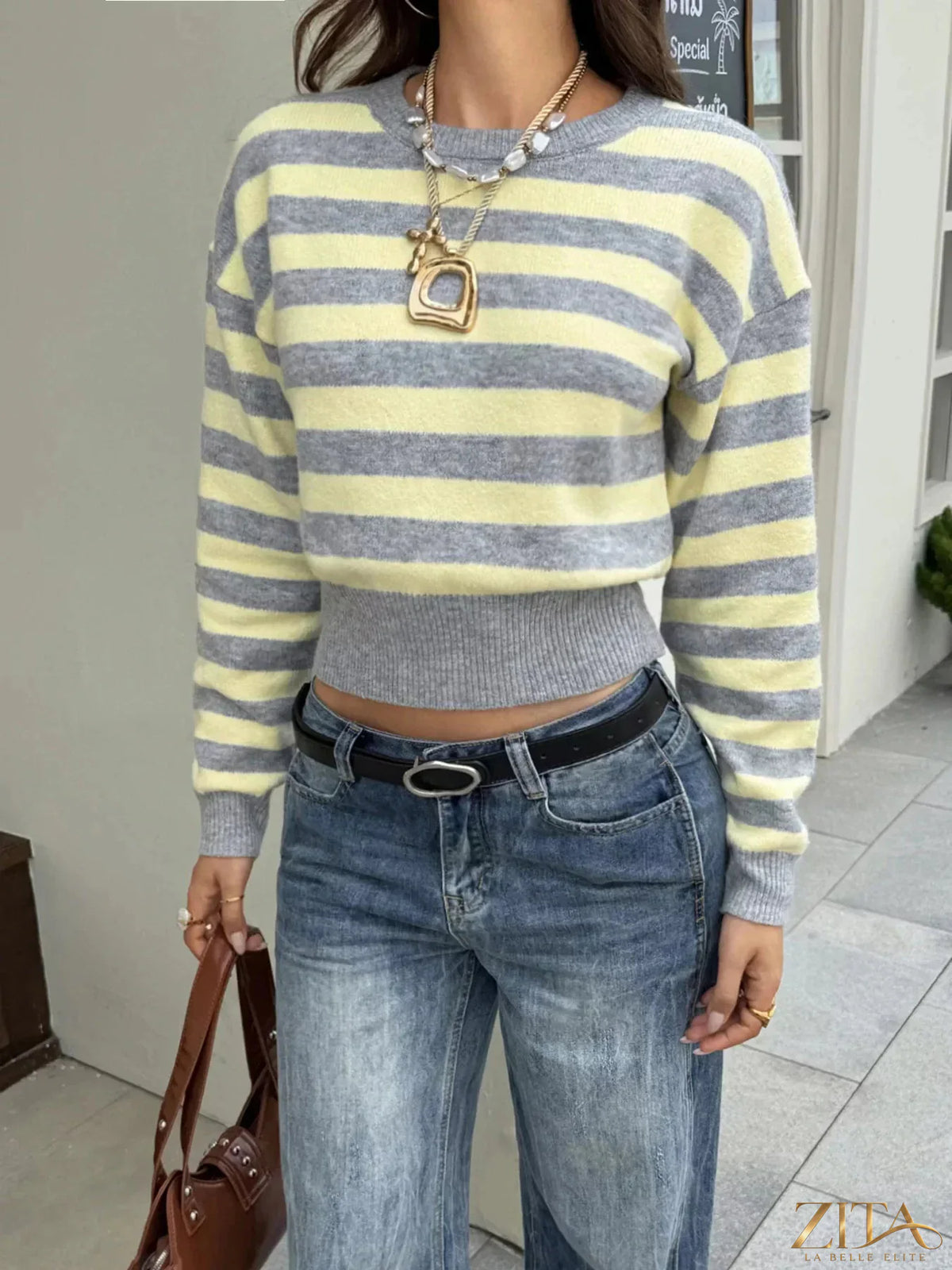 Trendsi casual striped cropped sweater featuring horizontal stripes, soft knit fabric, and a relaxed fit for everyday wear.