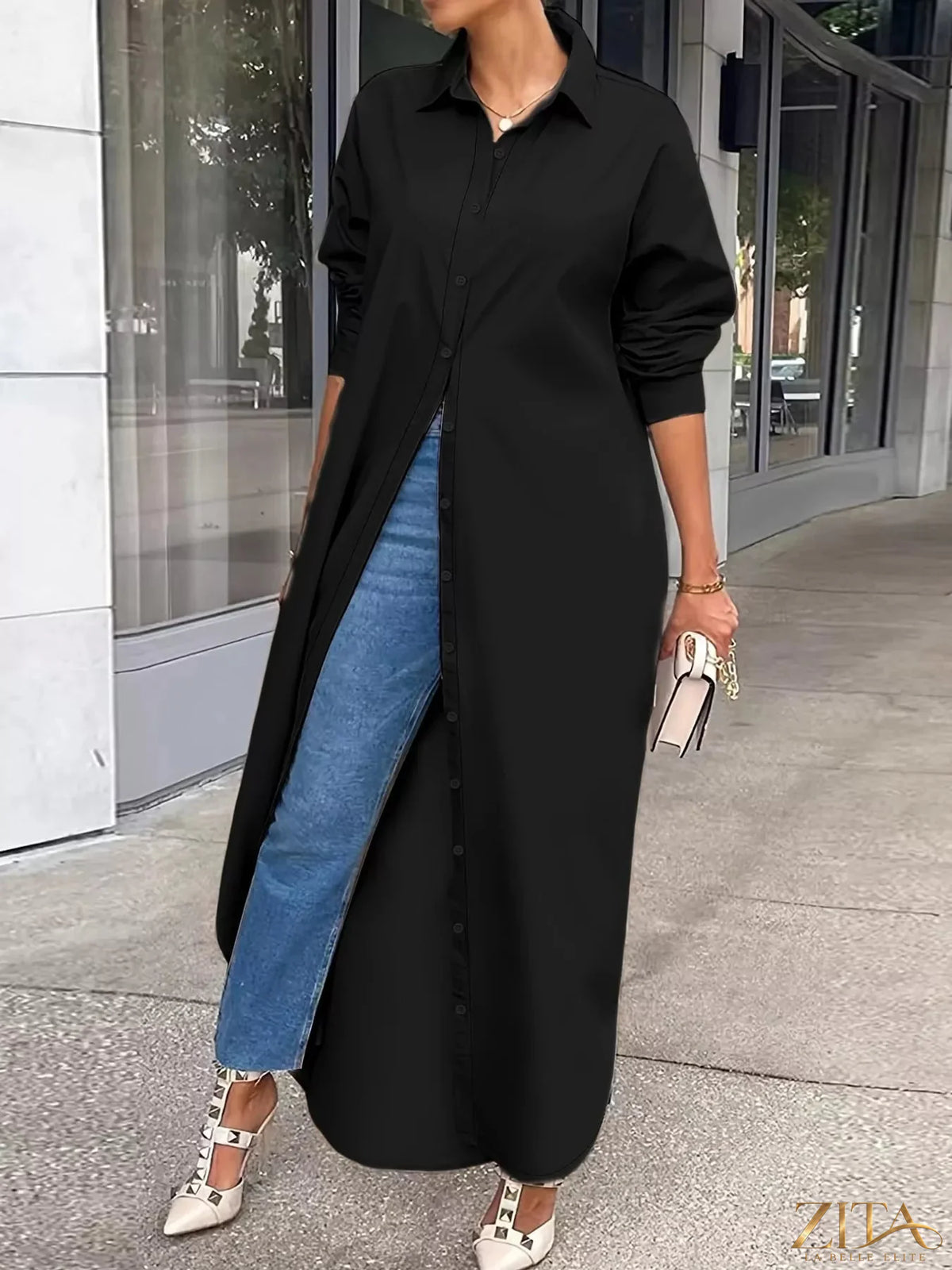 Plus size longline button-down shirt by Zita La Belle Elite, shown in a stylish, relaxed fit with front buttons and collar.