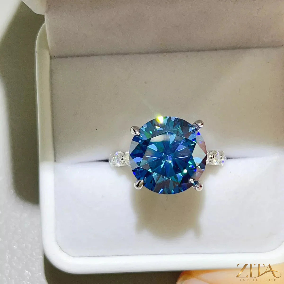 10 Carat 925 Sterling Silver Moissanite Ring with sparkling gemstone setting, showcasing elegant jewelry design.