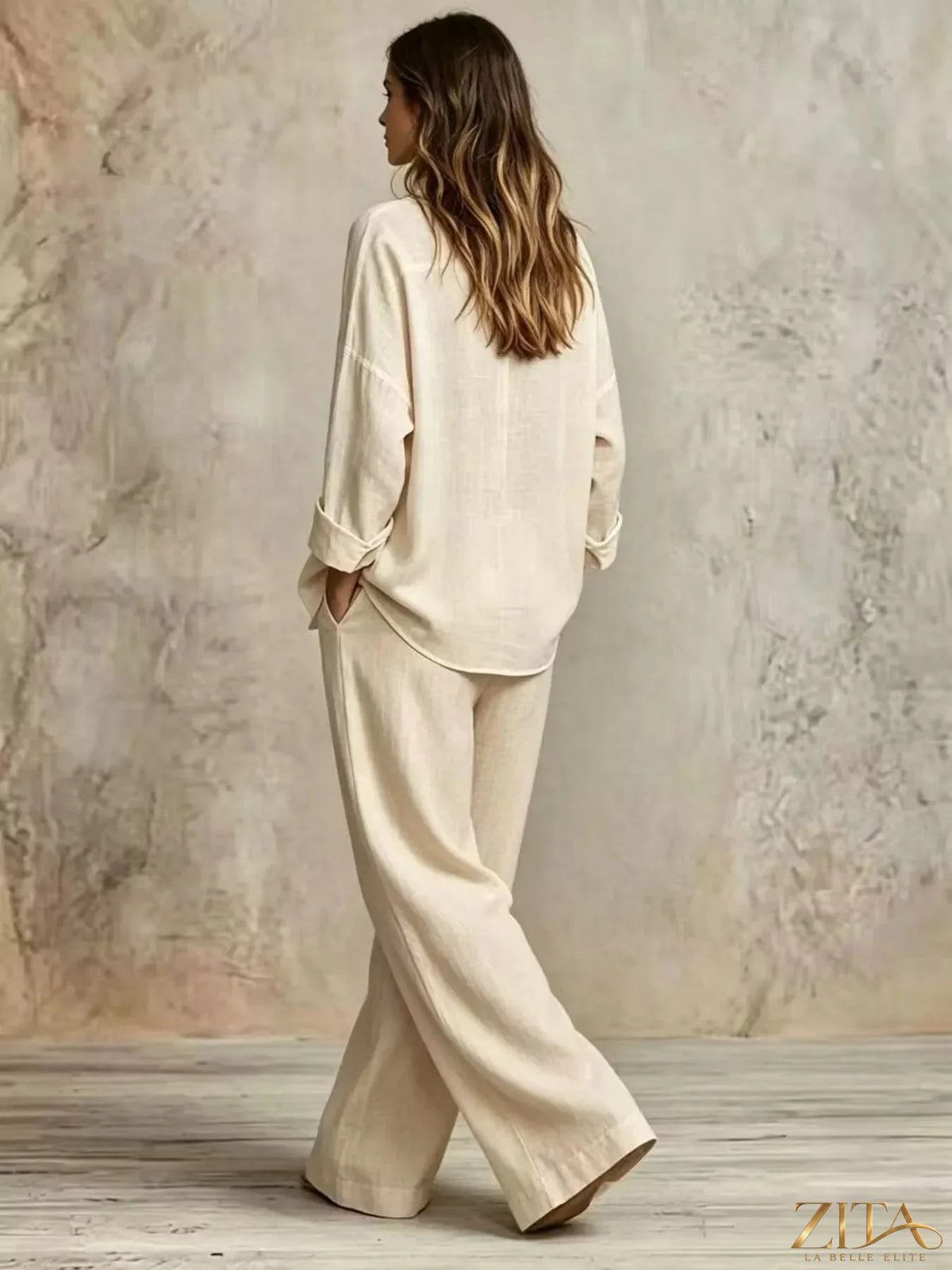 Plus size Zita La Belle Elite button-down shirt and wide-leg pants set, featuring a stylish, coordinated outfit in a full size.