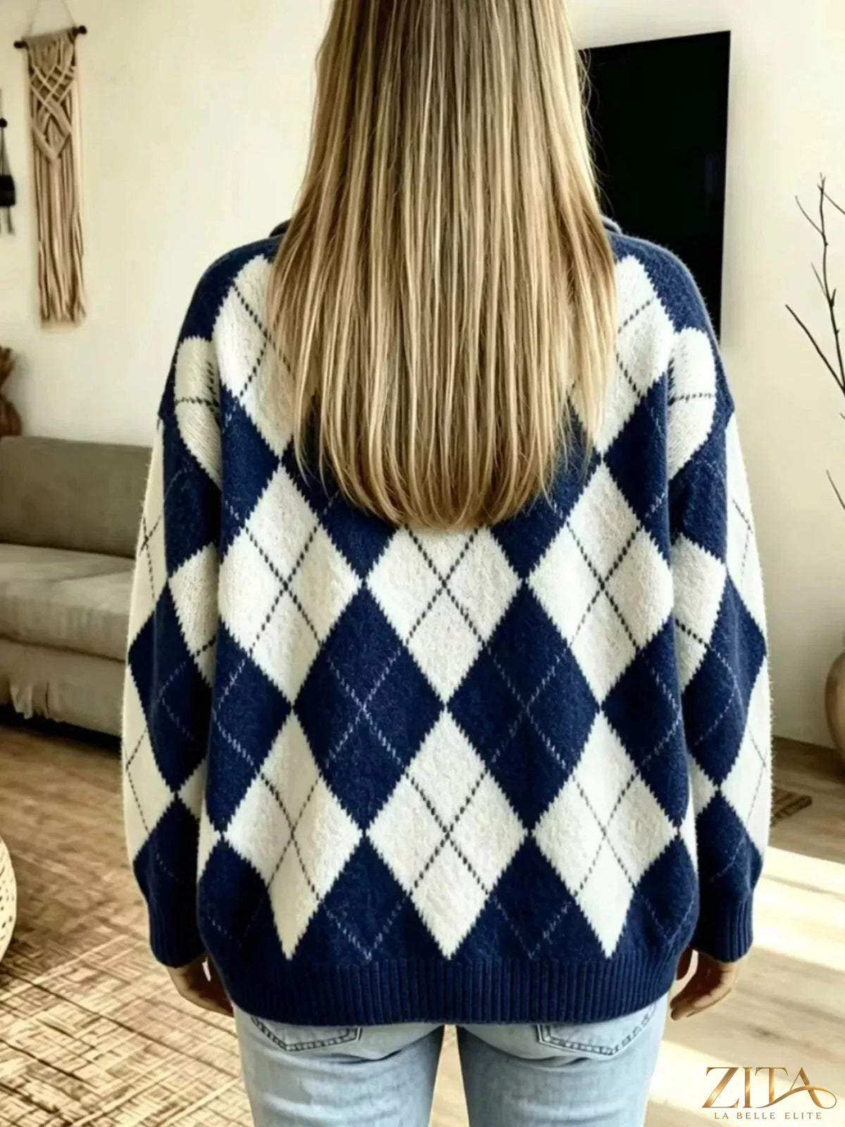 Zita La Belle Elite argyle pattern collared pullover sweater with ribbed cuffs and hem on a neutral background
