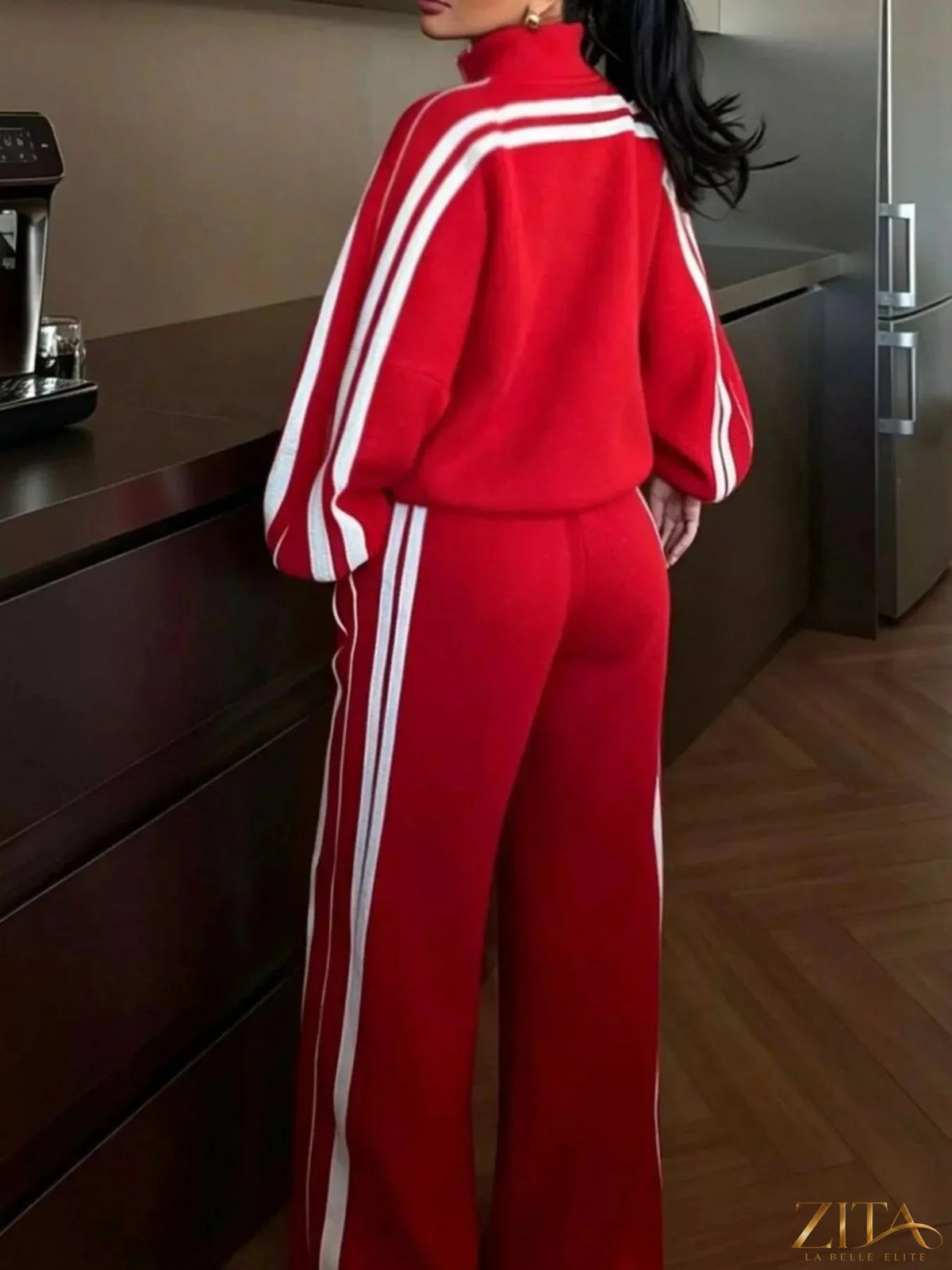 Zita La Belle Elite side stripes zip-up top and matching pants set, featuring sporty style with bold stripe details.