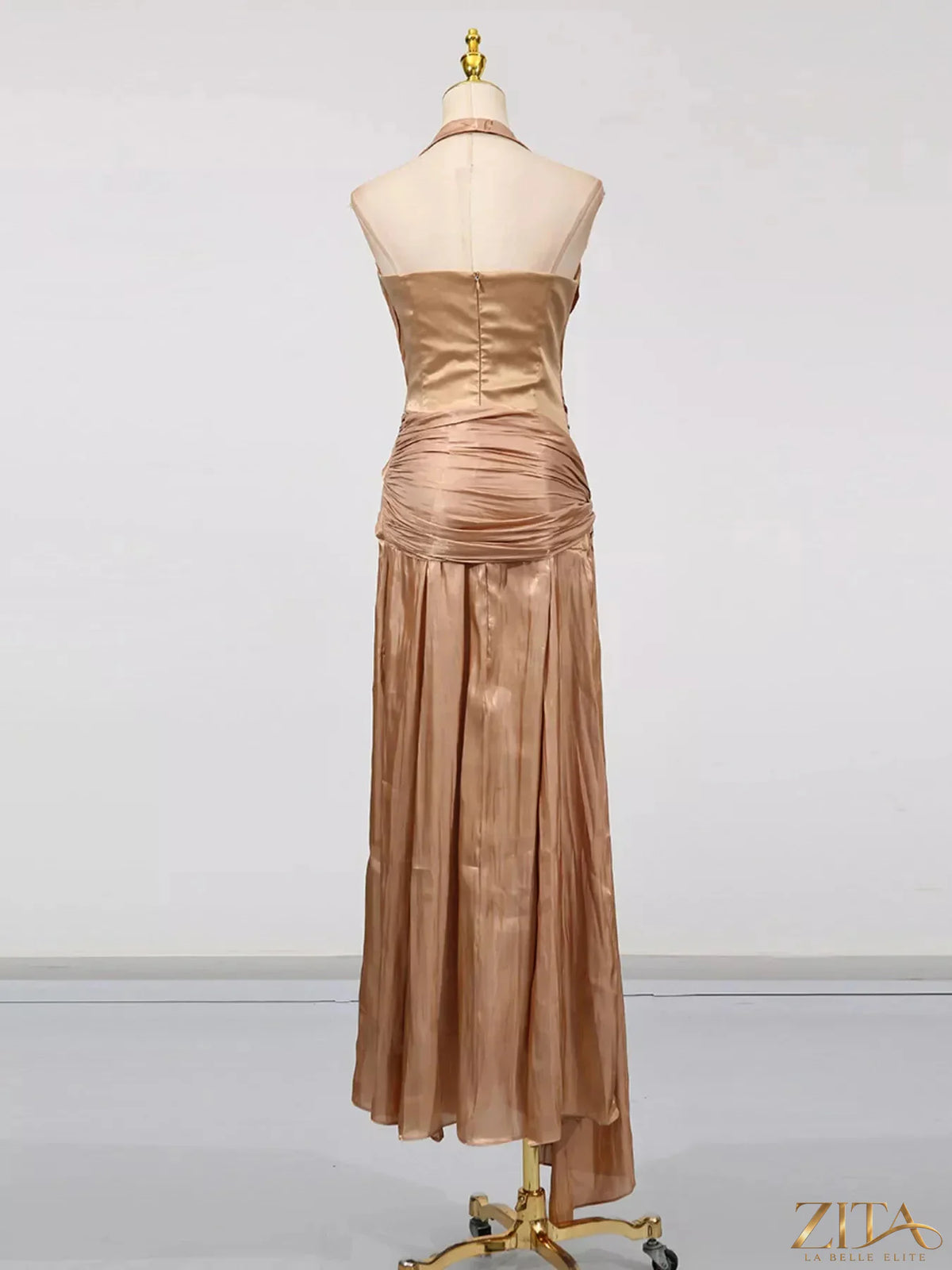 Zita La Belle Elite halter neck ruched maxi dress in flowing fabric, featuring a fitted bodice and elegant drape.