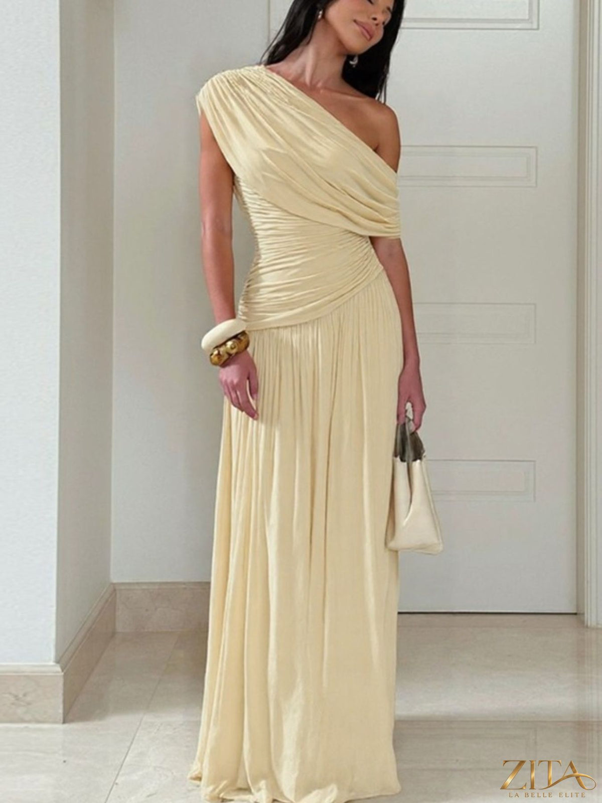 Elegant one-shoulder ruched maxi dress by Zita La Belle Elite, featuring a flowing silhouette and stylish design.