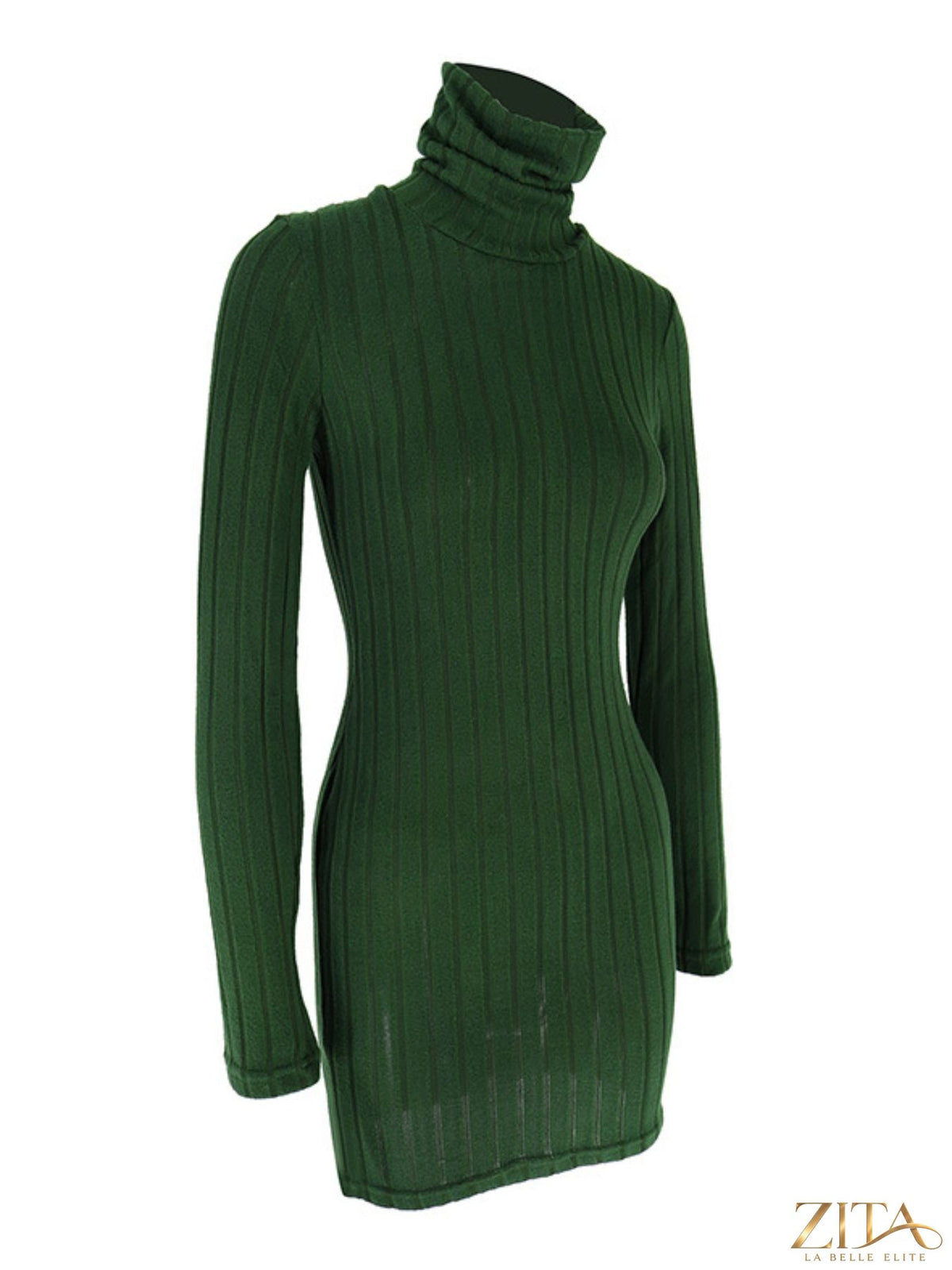 Ribbed black turtleneck bodycon mini dress from Trendsi, fitted design with long sleeves and high neckline, perfect for chic casual wear.